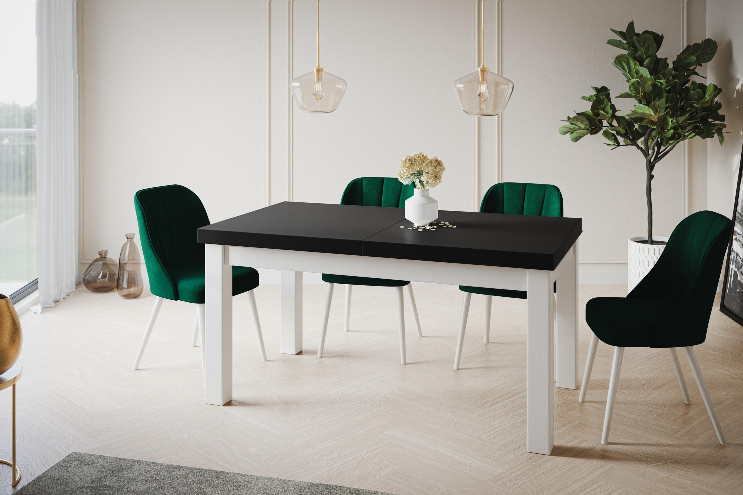 ESSZIMMERTISCH CLASSIC, ausziehbarer Tisch 170-250X90X78 cm, Farbe: Schwarz, mit Holzbeinen in Farbe Weiß - Schwarz/Weiß, Holzwerkstoff (170/90/78cm) - Alpi-Möbel