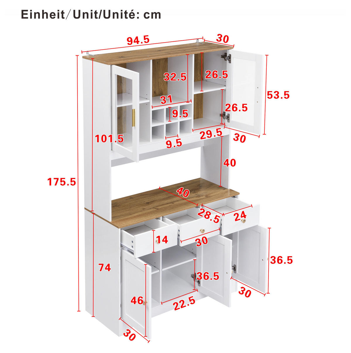 HIGHBOARD 94,5/30/175,5 cm mit 5 Türen und 3 Schubladen in Weiß-Holzmaserung - Weiß, Holzwerkstoff (94.5/175.5/30cm) - BEAOK