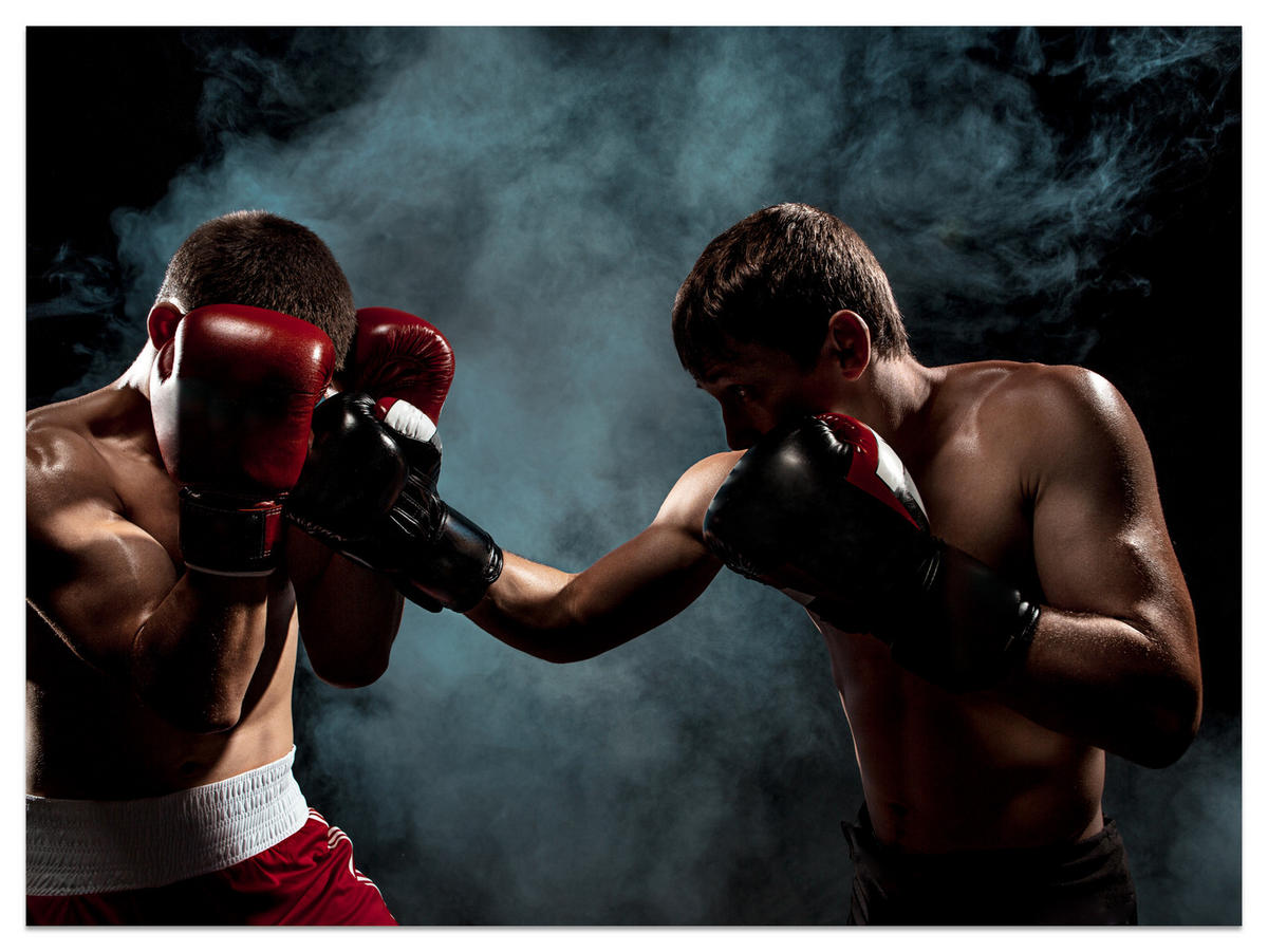 FOTOTAPETE für Jugendzimmer Boxer Männer Training Kampf Rauch 450x315 - Beige/Rot, Papier (450/315cm) - Muralo