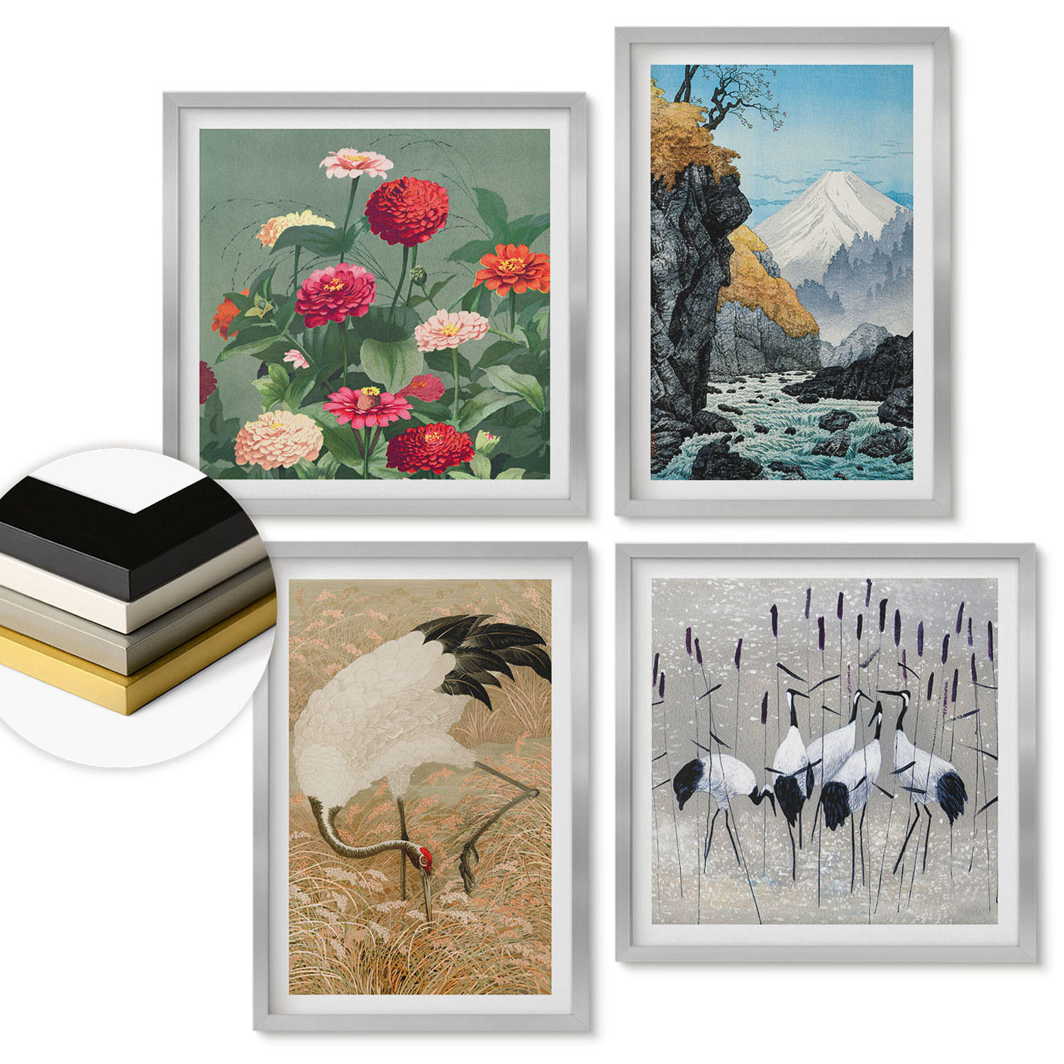 WANDBILDER 4er Set - 50x50 cm & 40x60 cm Silberner Rahmen - Berge, Fluss, Blumen, Kraniche - Silberfarben, Kunststoff (50/50cm) - ArtPrintCave