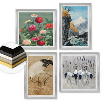WANDBILDER 4er Set - 50x50 cm & 40x60 cm Silberner Rahmen - Berge, Fluss, Blumen, Kraniche - Silberfarben, Kunststoff (50/50cm) - ArtPrintCave