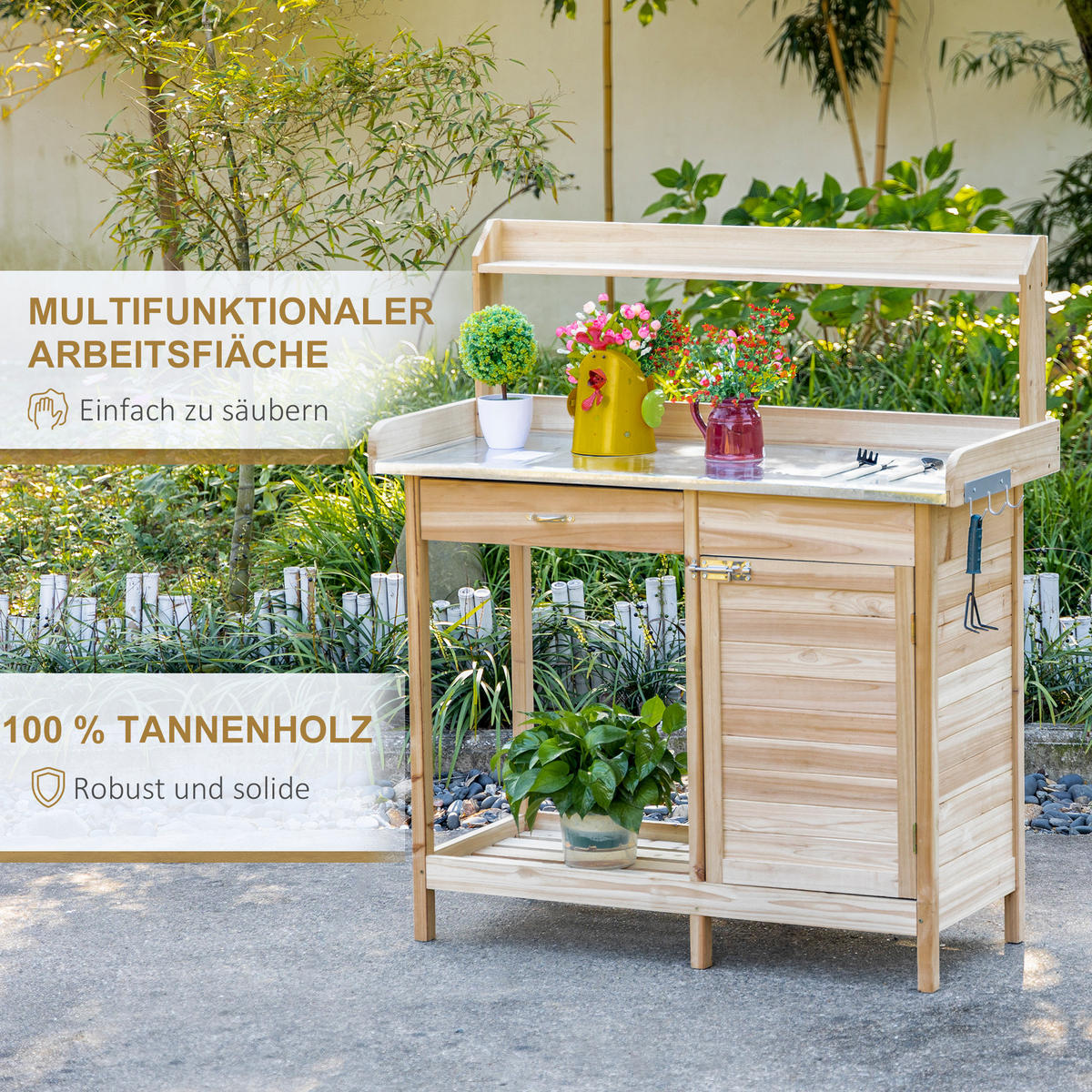 PFLANZTISCH mit verzinkter Arbeitsplatte Gärtnertisch mit Schublade Massivholz Natur - Fichtefarben, Holz/Metall (112/48/125cm) - Outsunny