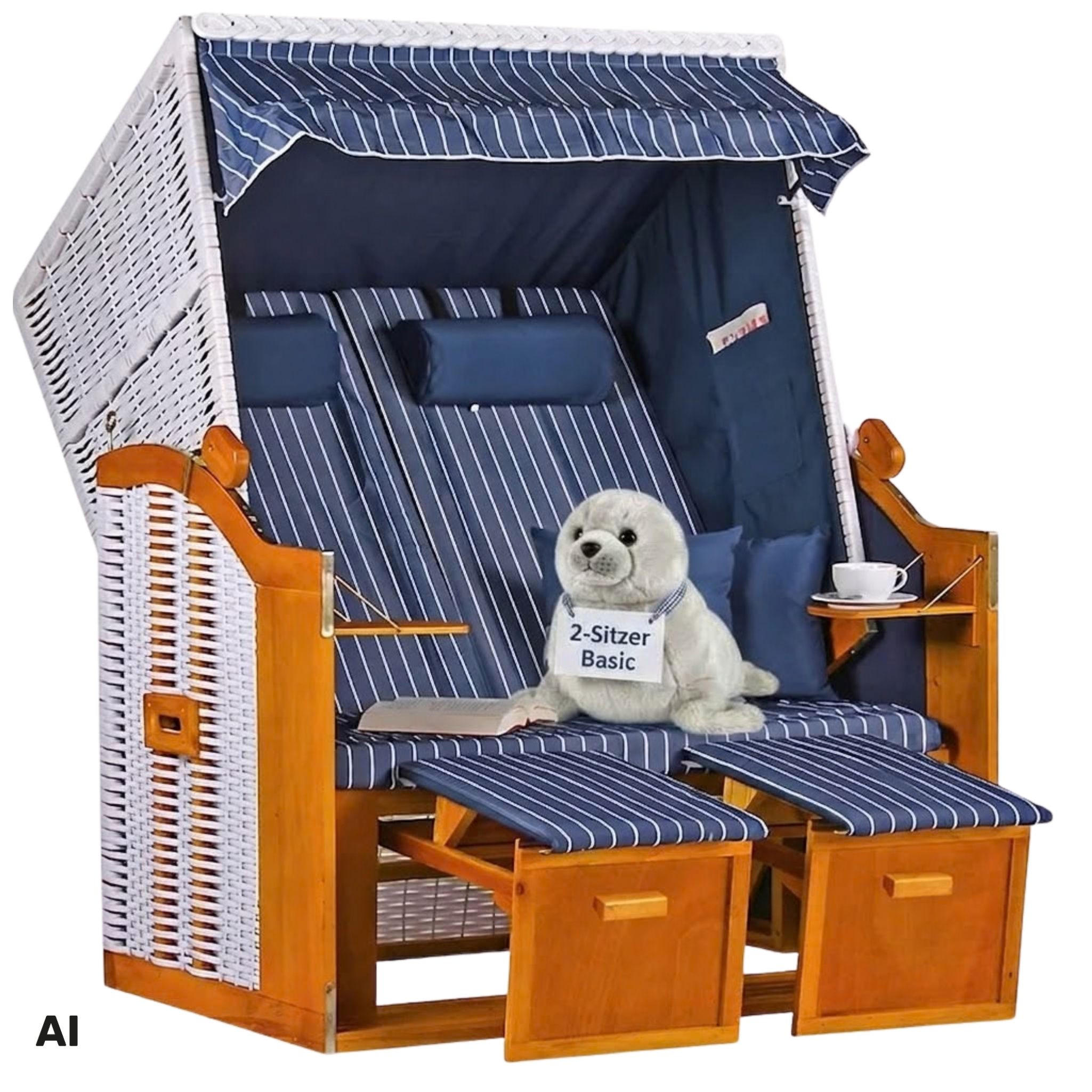 STRANDKORB Ostsee 2-Sitzer PE weiß - Blau/Braun, Metall (120/160/80cm) - Mr. Deko