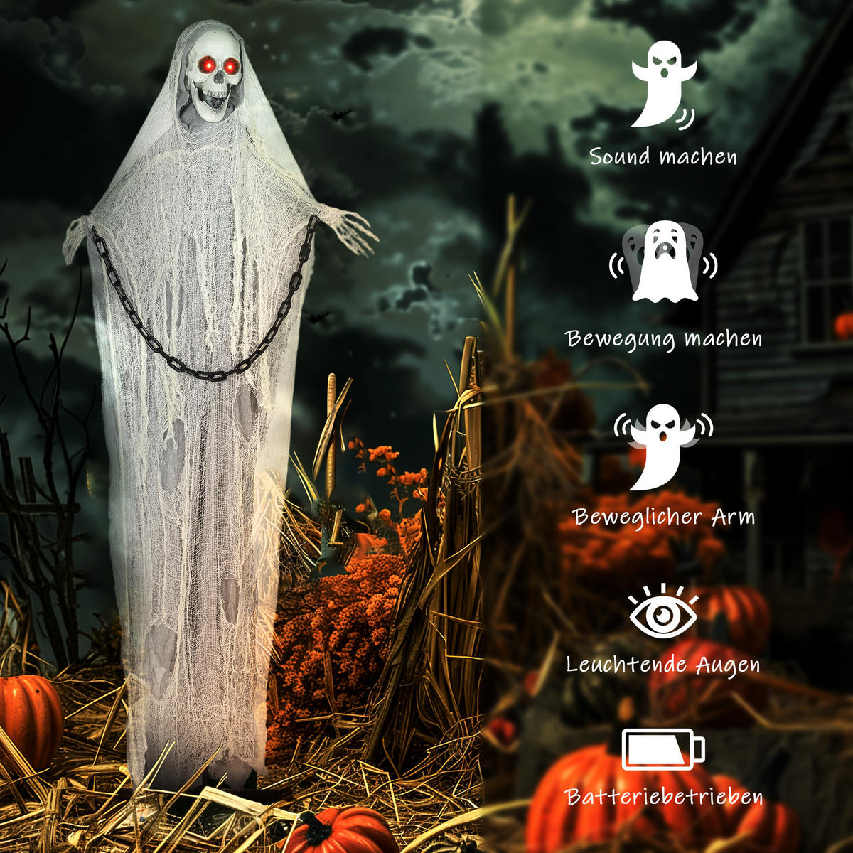 HALLOWEEN-DEKORATION Sensenmann 183 cm mit LED-Lichter, Soundfunktion - Grau, Textil (16/183/70cm) - Outsunny