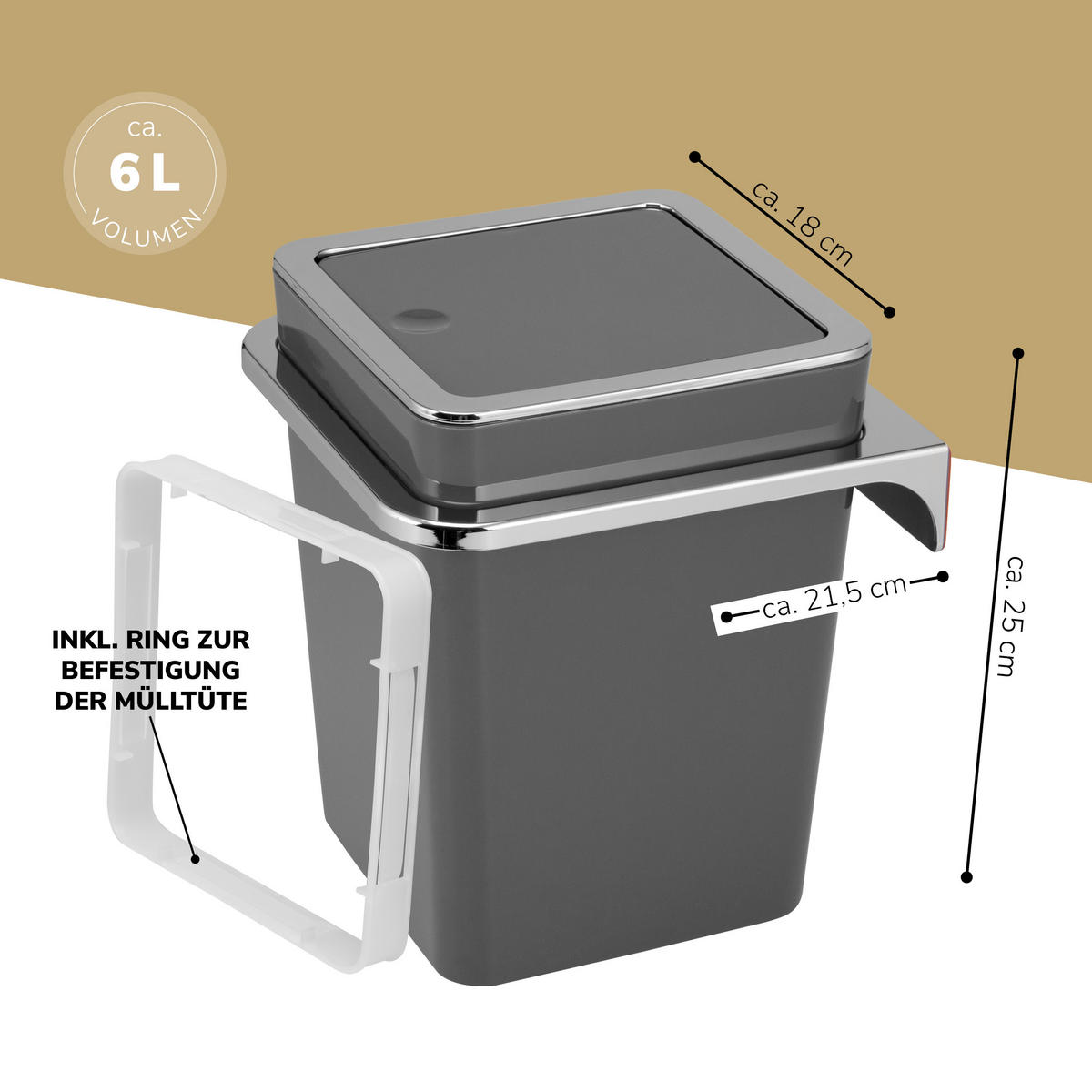 KOSMETIKEIMER SAVONA 6 Liter, grau - Grau, Kunststoff (18/24.5/18cm) - bremermann
