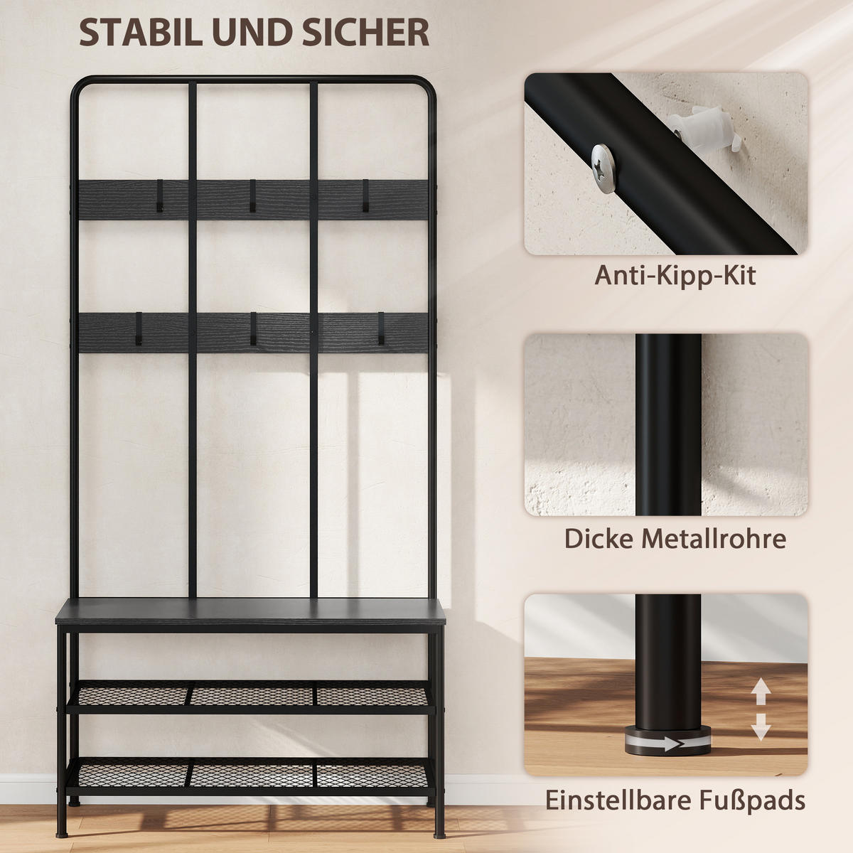 GARDEROBENSTÄNDER 3-in-1 DE-09781 mit Sitzbank und Schuhregal Schwarz - Schwarz, Metall (36/180/91cm) - ComfortXL