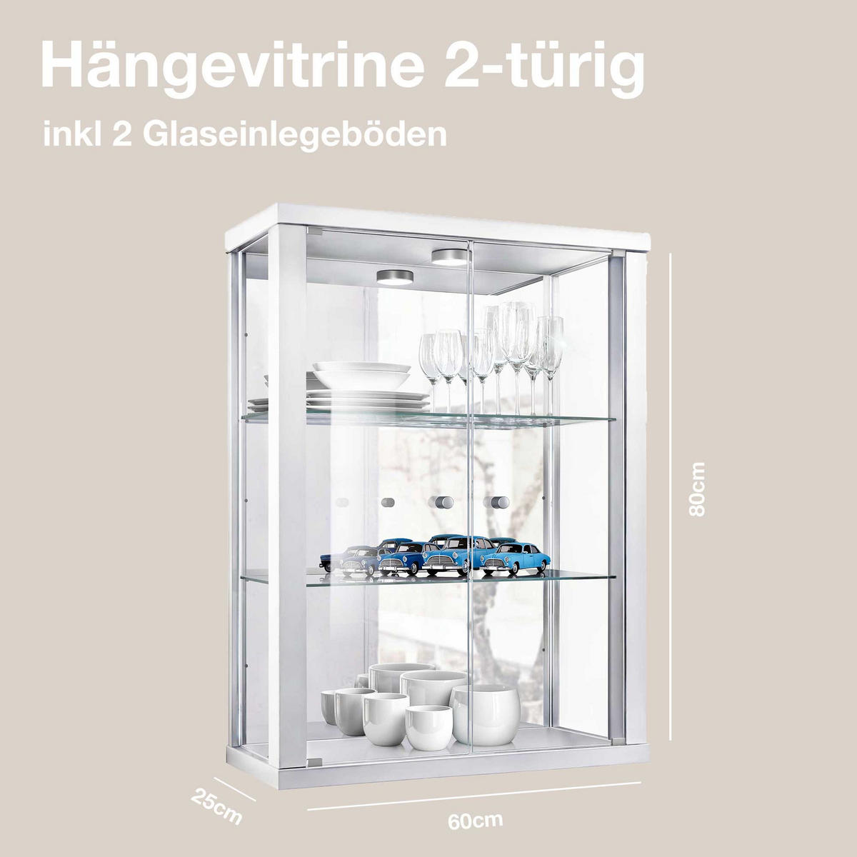 HÄNGEVITRINE 25/60/80 cm mit Spiegel, LED & 2 höhenverstellbaren Glasböden - Transparent/Silberfarben, Glas/Holzwerkstoff (60/80/25cm) - K-Möbel