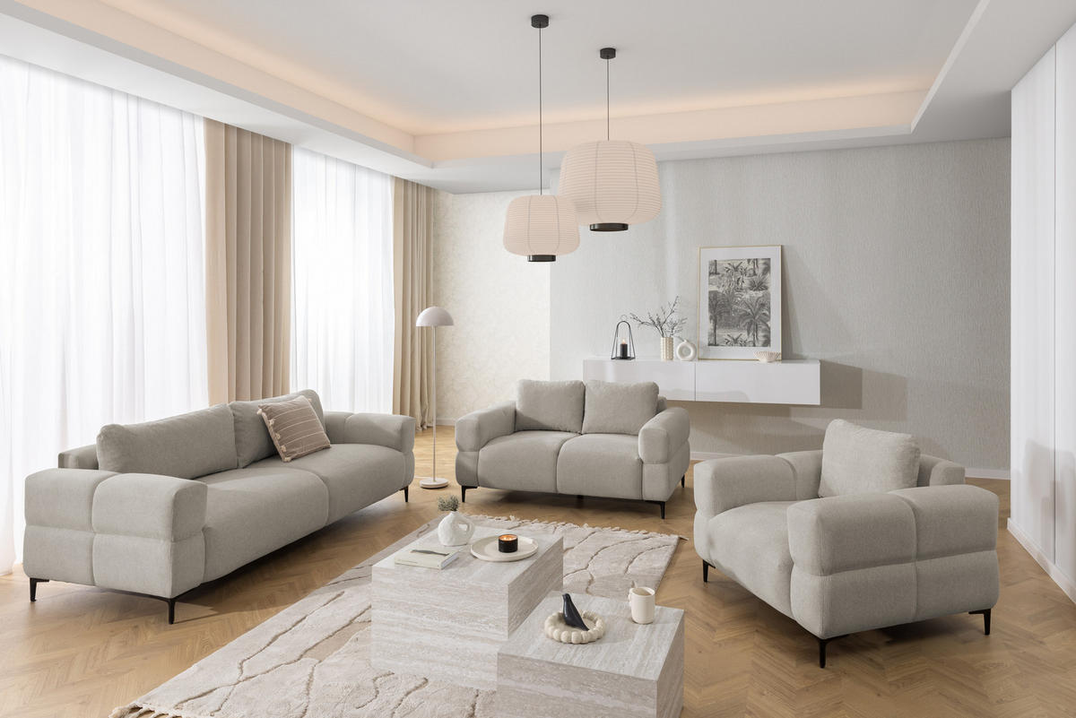 SITZGARNITUR 3+1 Cardea in Bubble-Optik aus weichem Taupe Strukturstoff mit hohem Sitzkomfort - Taupe/Schwarz, Holz/Textil (217/80/97cm) - S-Style Möbel