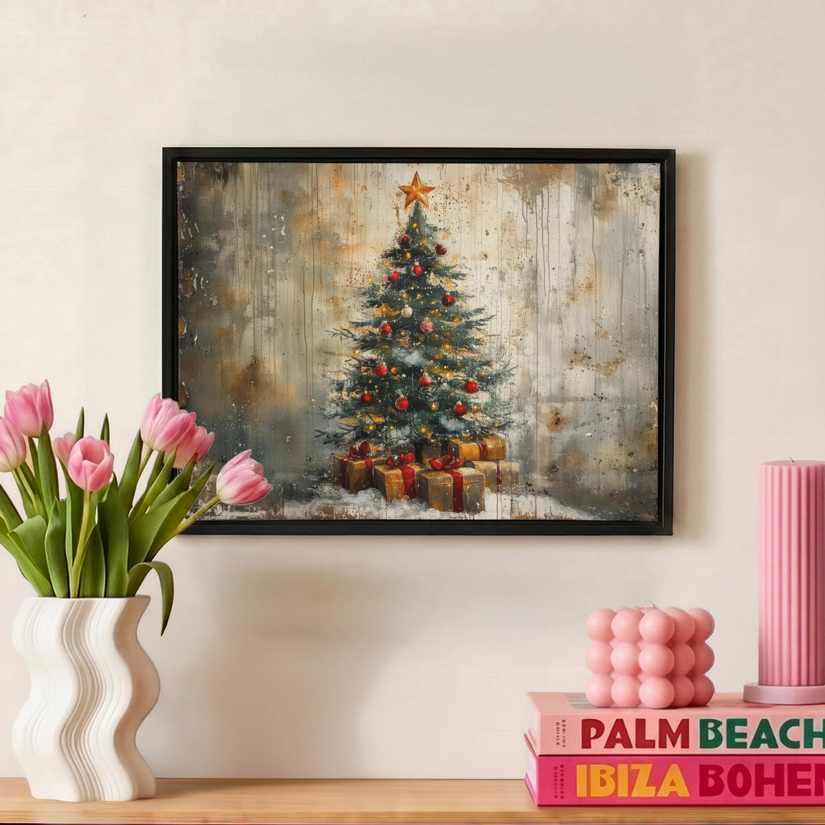 LEINWAND Bilder mit Rahmen - Weihnachtsbaum - Vintage - Weihnachten - Geschenk - 40x30 - Rostfarben, Textil (40/30cm) - MuchoWow