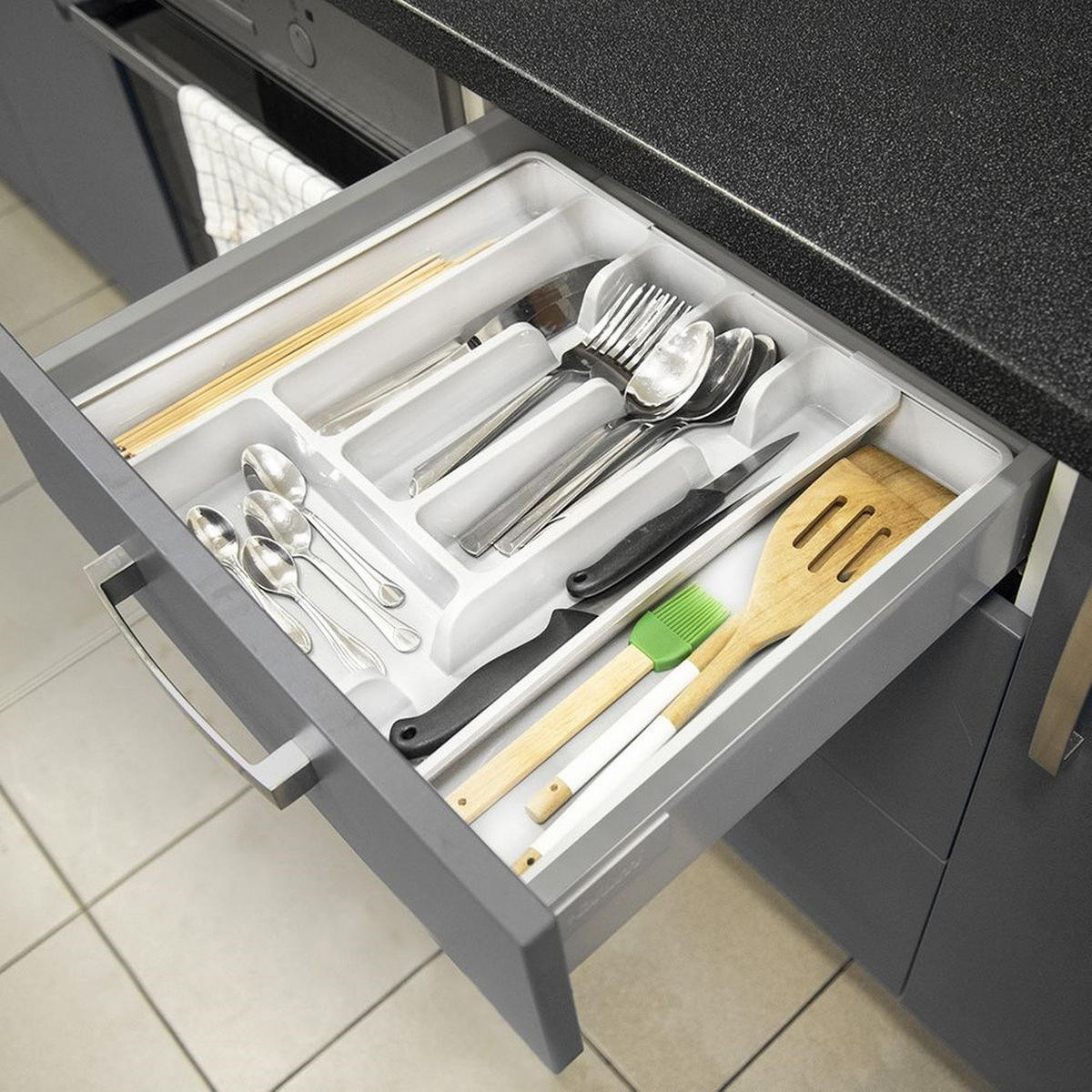 BESTECKSCHUBLADENEINSATZ ausziehbar weiß 36,5 x 27,5–44 cm - Weiß, Kunststoff (36.5/4.5/27.5cm) - Orion 