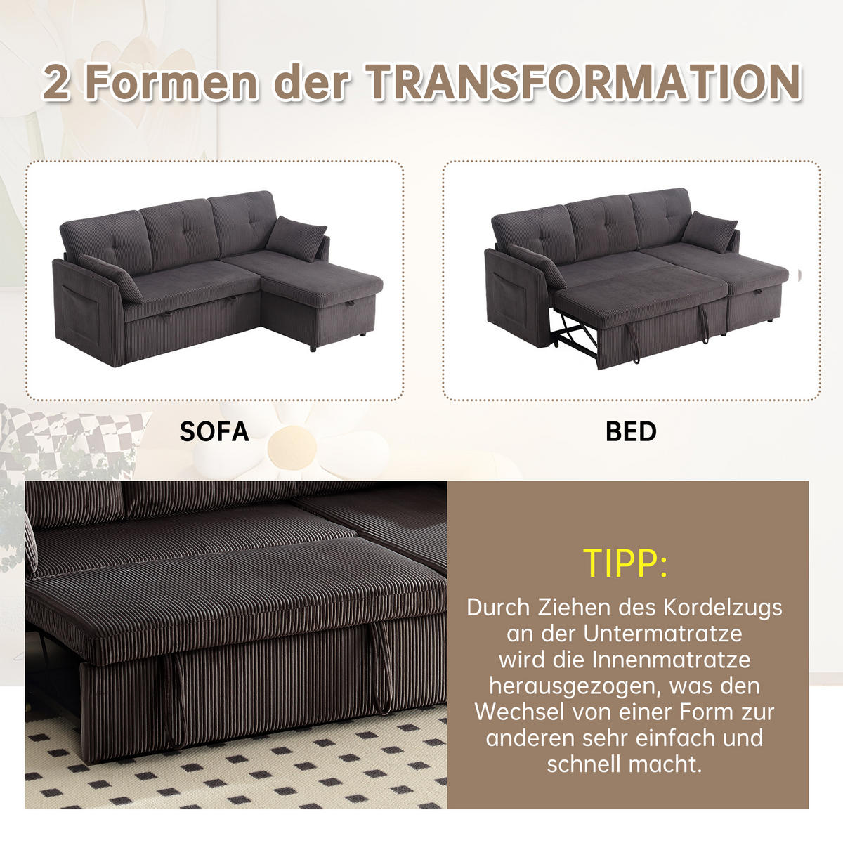 ECKSCHLAFSOFA Cord mit Stauraum und umstellbarer Ottomane Dunkelgrau 206/108/66 cm - Dunkelgrau, Textil (108/206cm) - Redom