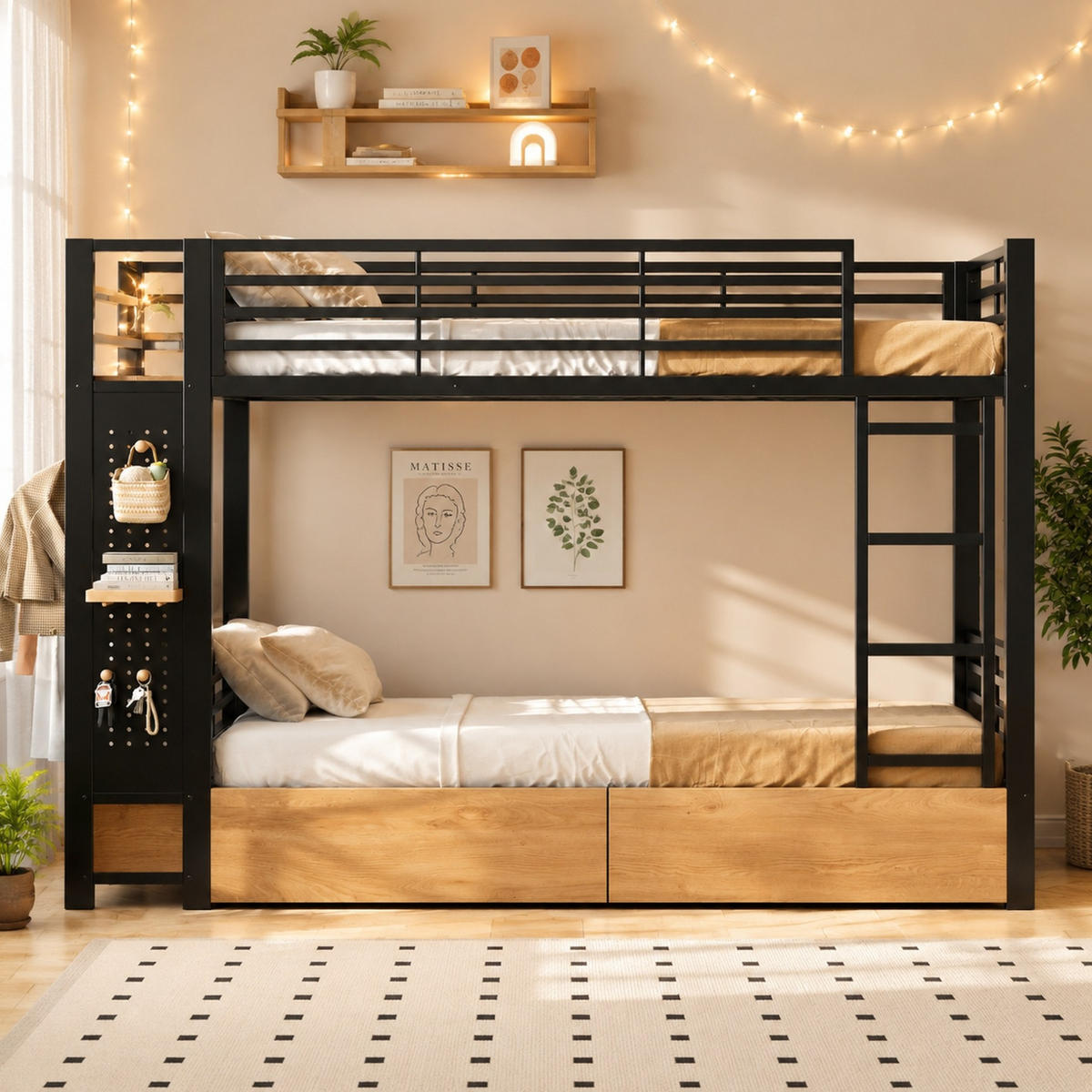 ETAGENBETT aus Metall und MDF 90x200 cm Schwarz mit LED-Beleuchtung, Schubladen und Stauraum - Schwarz, Holzwerkstoff (90/200cm) - Modfu