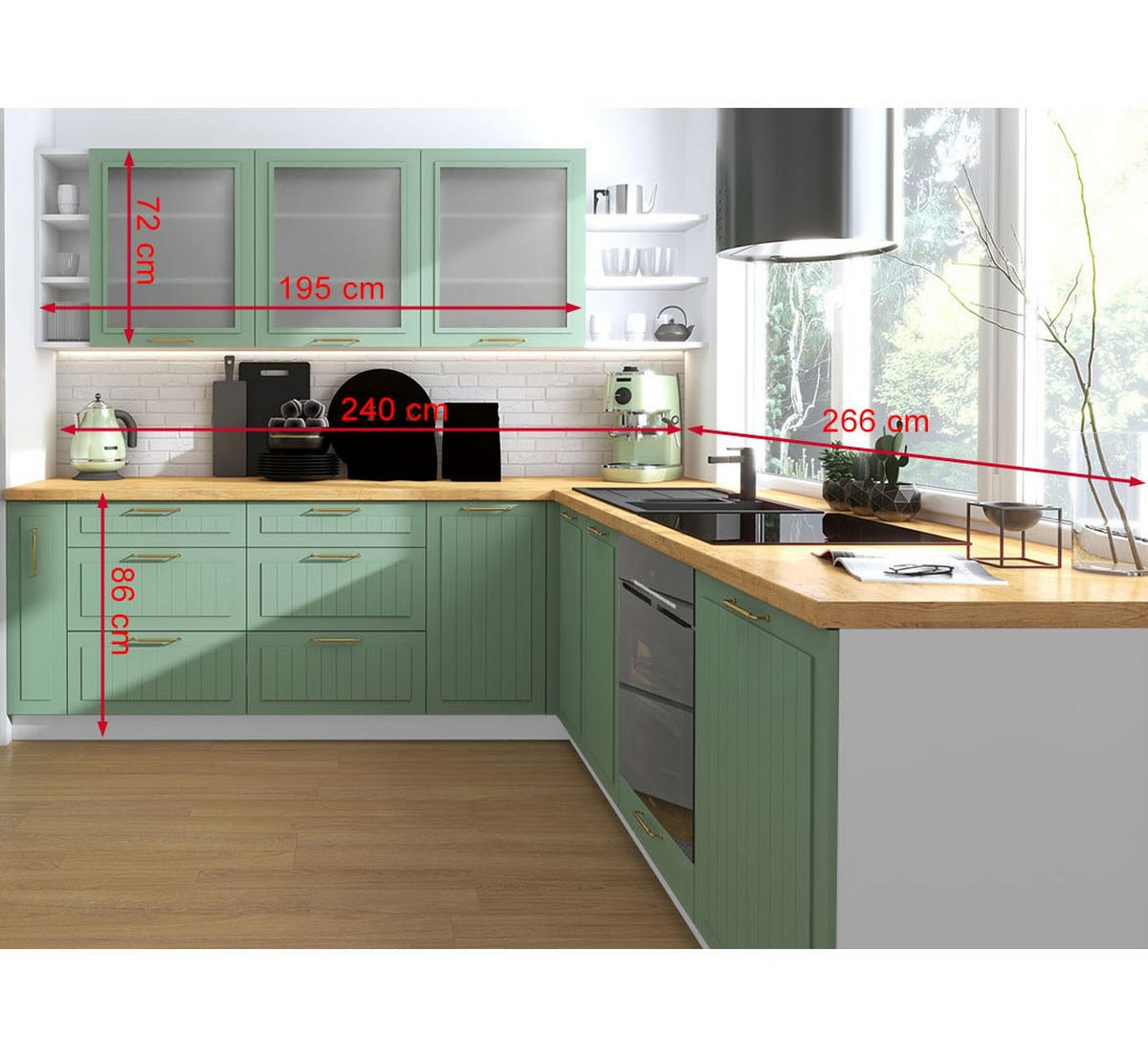 WINKELKÜCHE Livorno blassgrün matt / weiß matt 11-teilig mit Vollauszug (REJS Comfort Box) - Weiß/Grün, Holzwerkstoff/Metall (240/207/266cm) - Feldmann-Wohnen