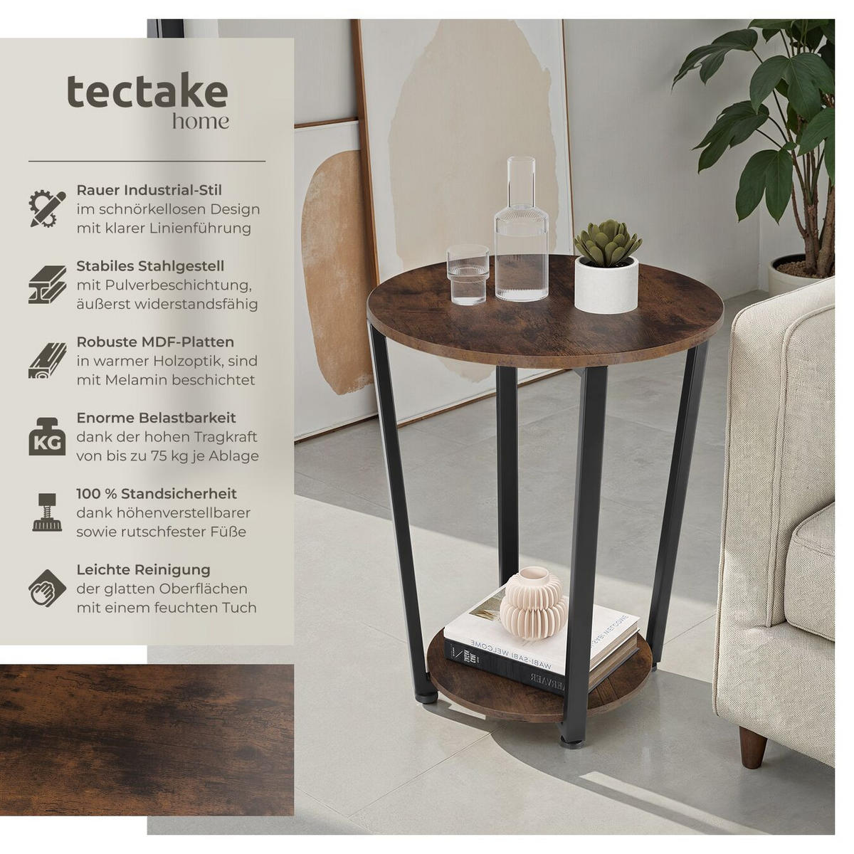 BEISTELLTISCH Swindon,50 x 62,5 cm,Industrial Holz dunkel, rustikal - Rostfarben, Holz (50/50/62.5cm) - tectake