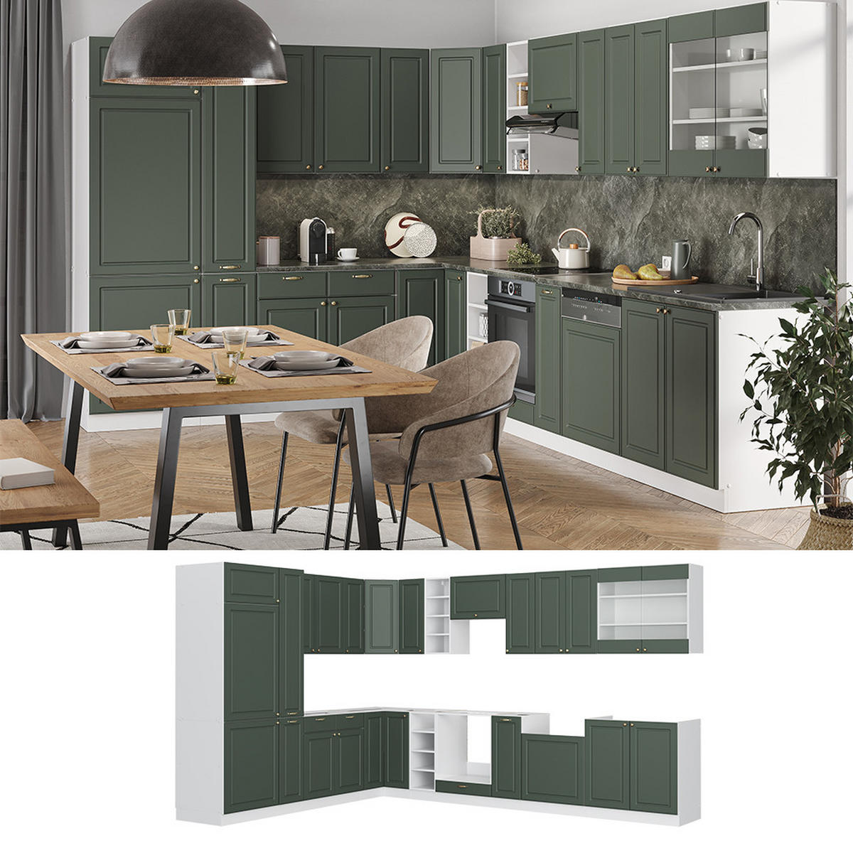 ECKKÜCHE Fame-Line Grün-Gold Landhaus/Weiß 347 x 257 cm, AP Eiche - Weiß/Grün, Holzwerkstoff (347/81.6/60cm) - Vicco