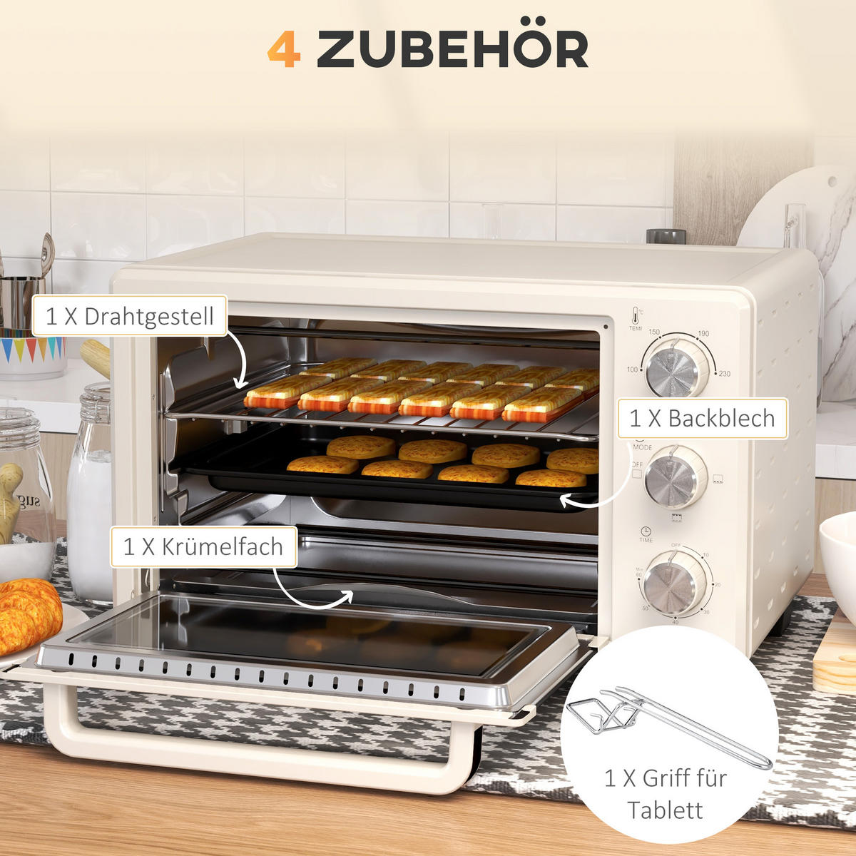 MINIBACKOFEN 21L mit Drehspieß, Edelstahl Mini Ofen mit Grillfunktion, Backblech & Grillrost, 3 Kochmodi, Cremeweiß - Beige, Metall (46/29/38.5cm) - Beaface