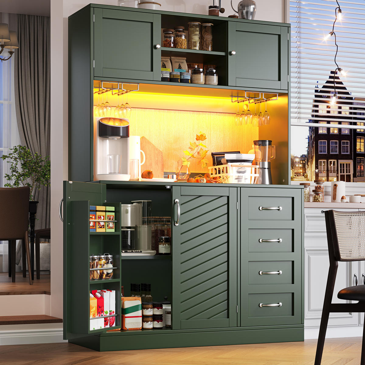 KÜCHENSCHRANK LED 120x40x188Cm 4 Türen Snackregal - Grün, Holzwerkstoff (120/188/40cm) - FLIEKS
