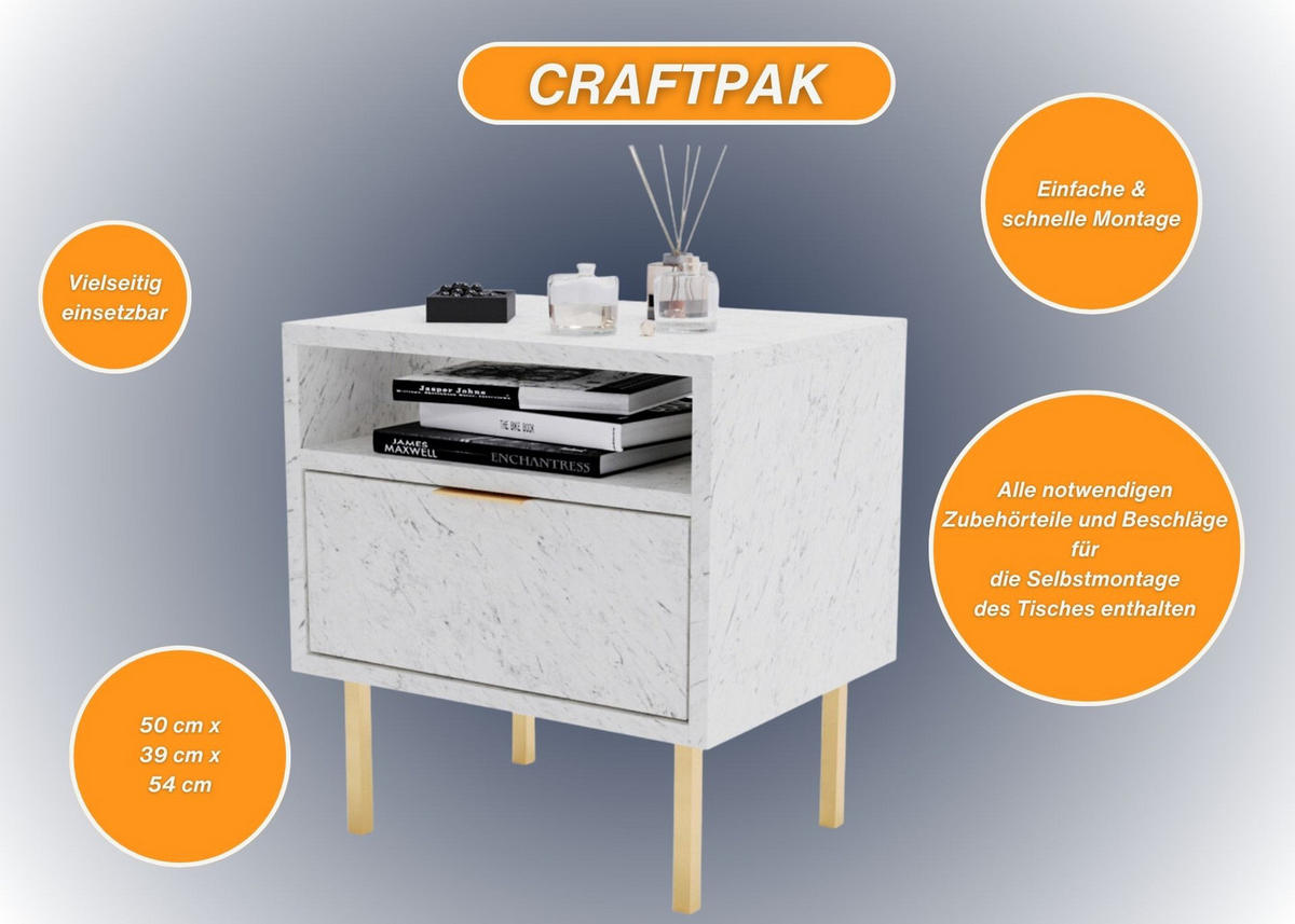 NACHTSCHRANK Weiß 50/54/39cm - Goldfarben/Schwarz, Holzwerkstoff (50/54/39cm) - CraftPAK