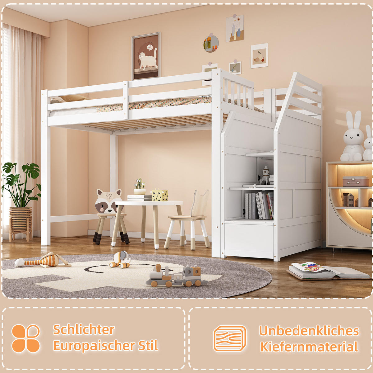 HOCHBETT 90/200 cm aus Kiefer und MDF mit Stauraumtreppe Weiß - Weiß, Holz (90/200cm) - Modenvie
