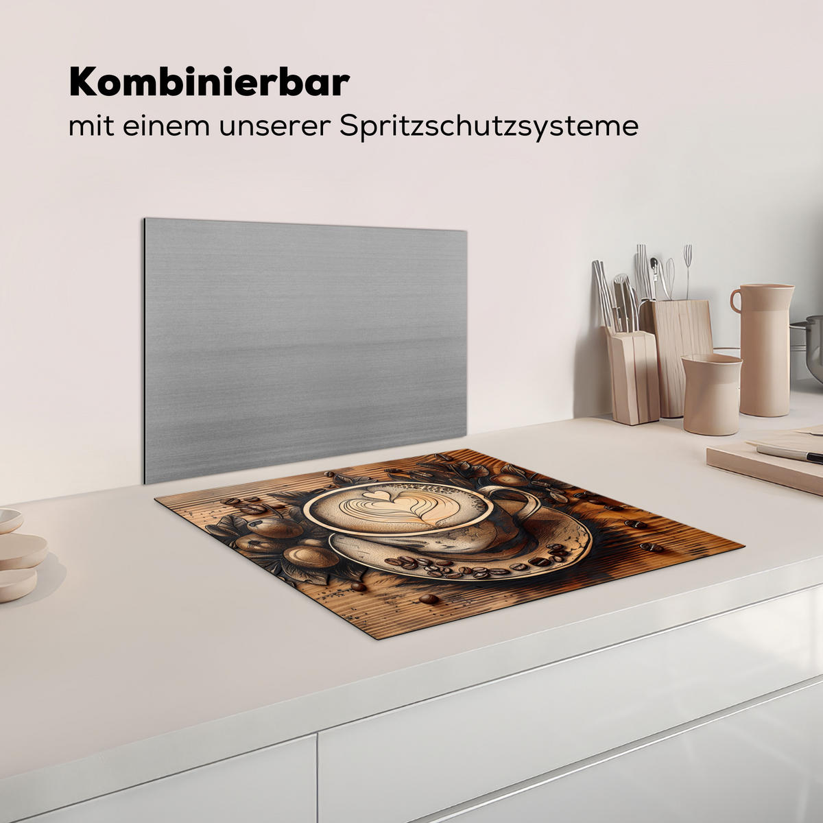 KRYT NA INDUKČNÍ DESKU Káva - Vintage - hnědá - šálek - dřevo 60x52 cm - kapučínová, plast (60/52/0.2cm) - MuchoWow