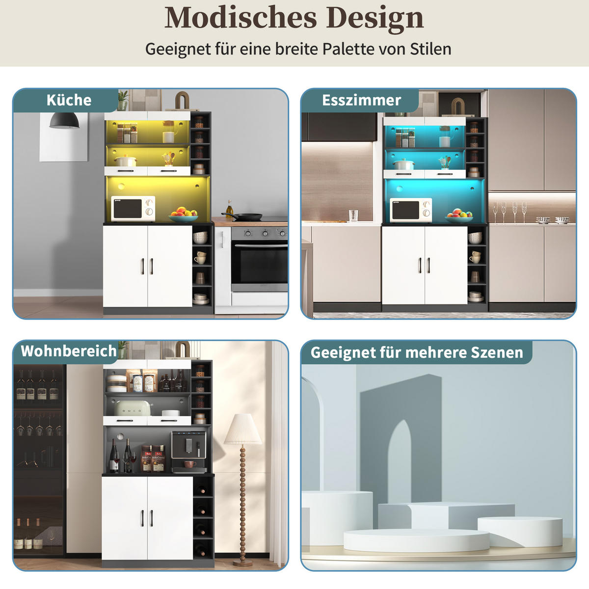 BUFFET Aufbewahrungsschrank 100x47x187cm Weiß mit Glas & LED Beleuchtung - Weiß, Holzwerkstoff (47/187/100cm) - Modfu