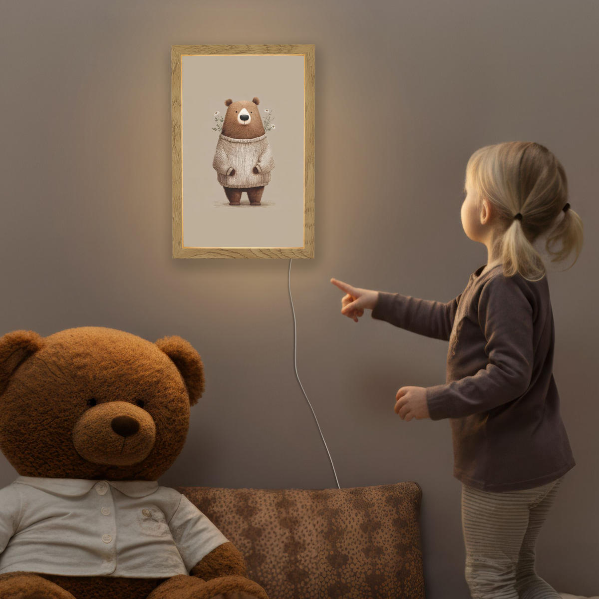 NACHTTISCHLAMPE Bär - Weiße Blumen - Gemütlich 20x30 cm - Taupe, Holzwerkstoff (8/20/30cm)