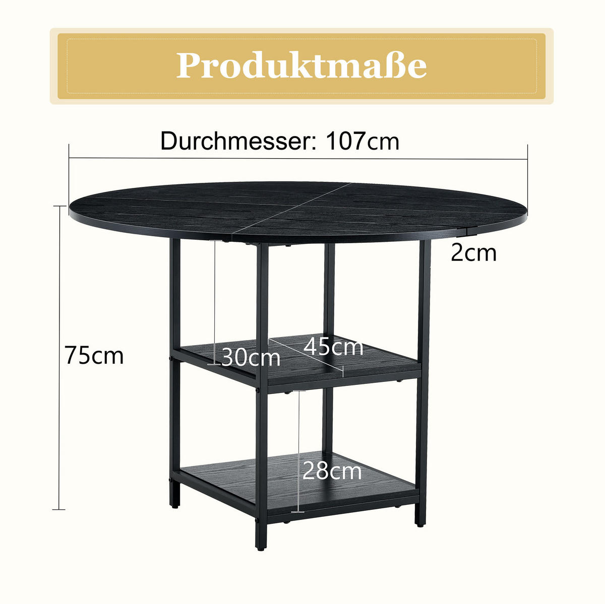 ESSTISCH 107/75 cm Schwarz aus MDF und Metall mit doppelter Ablage - Schwarz, Holzwerkstoff (107/107/75cm) - OKMYHOME