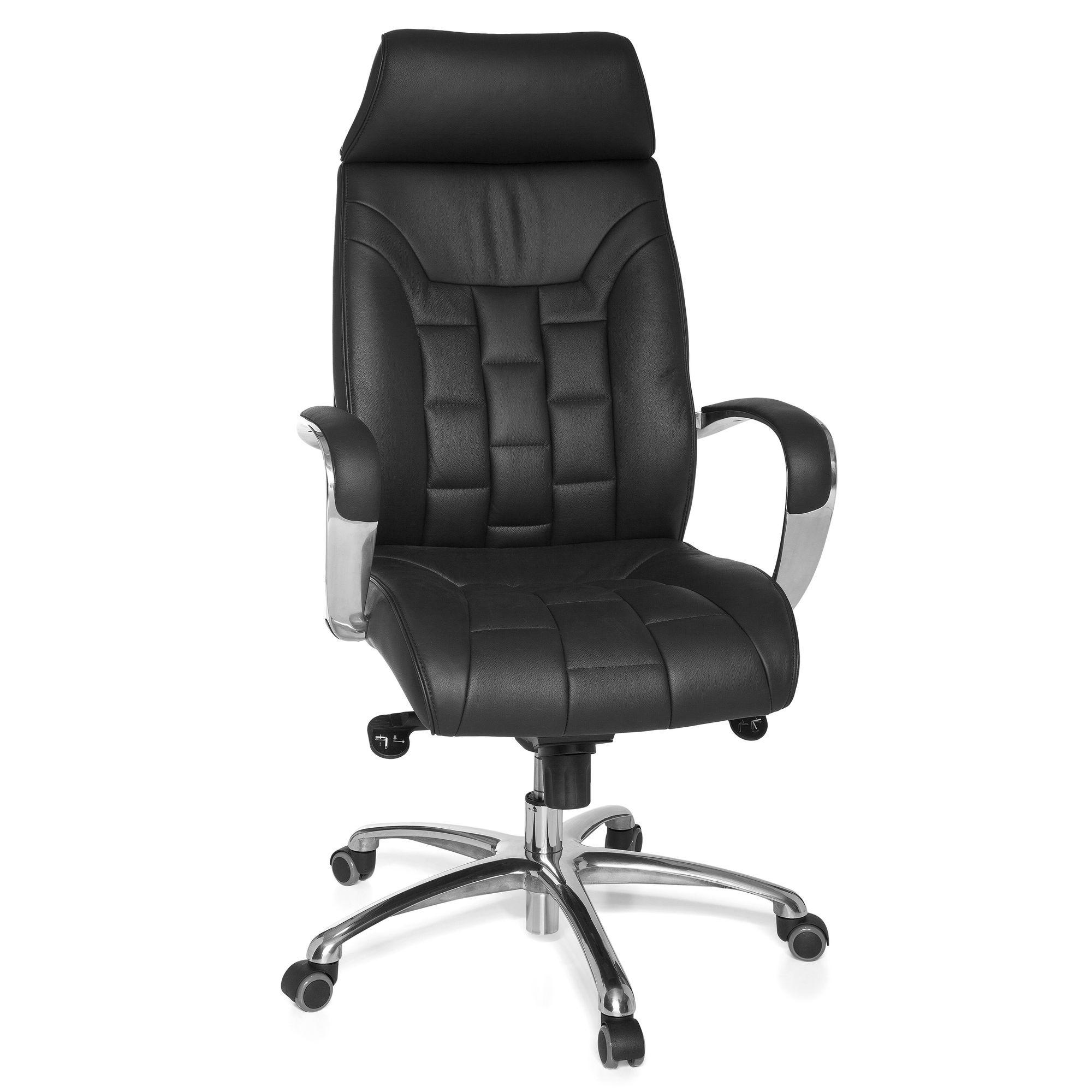 BÜROSTUHL Echtleder mit Wippfunktion und Armlehnen Drehbar belastbar bis 120 kg X-XL - Silberfarben/Schwarz, Leder/Metall (66/128/62cm) - KADIMA DESIGN