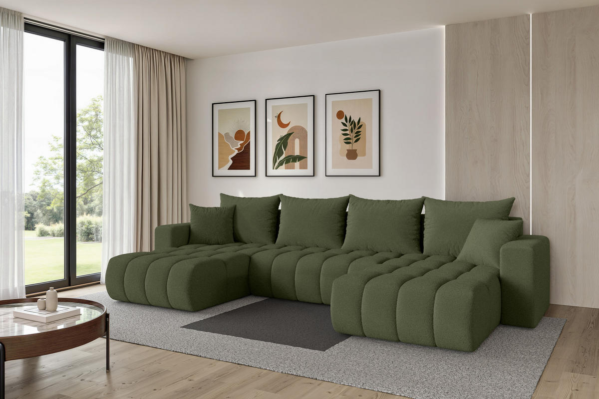 SEDACÍ SOUPRAVA DO U s funkcí spaní a úložným prostorem MILA-U-v1 378x194x86 zelená bouclé - černá/zelená barva, kompozitní dřevo/textil (378/86/194cm) - ALTDECOR