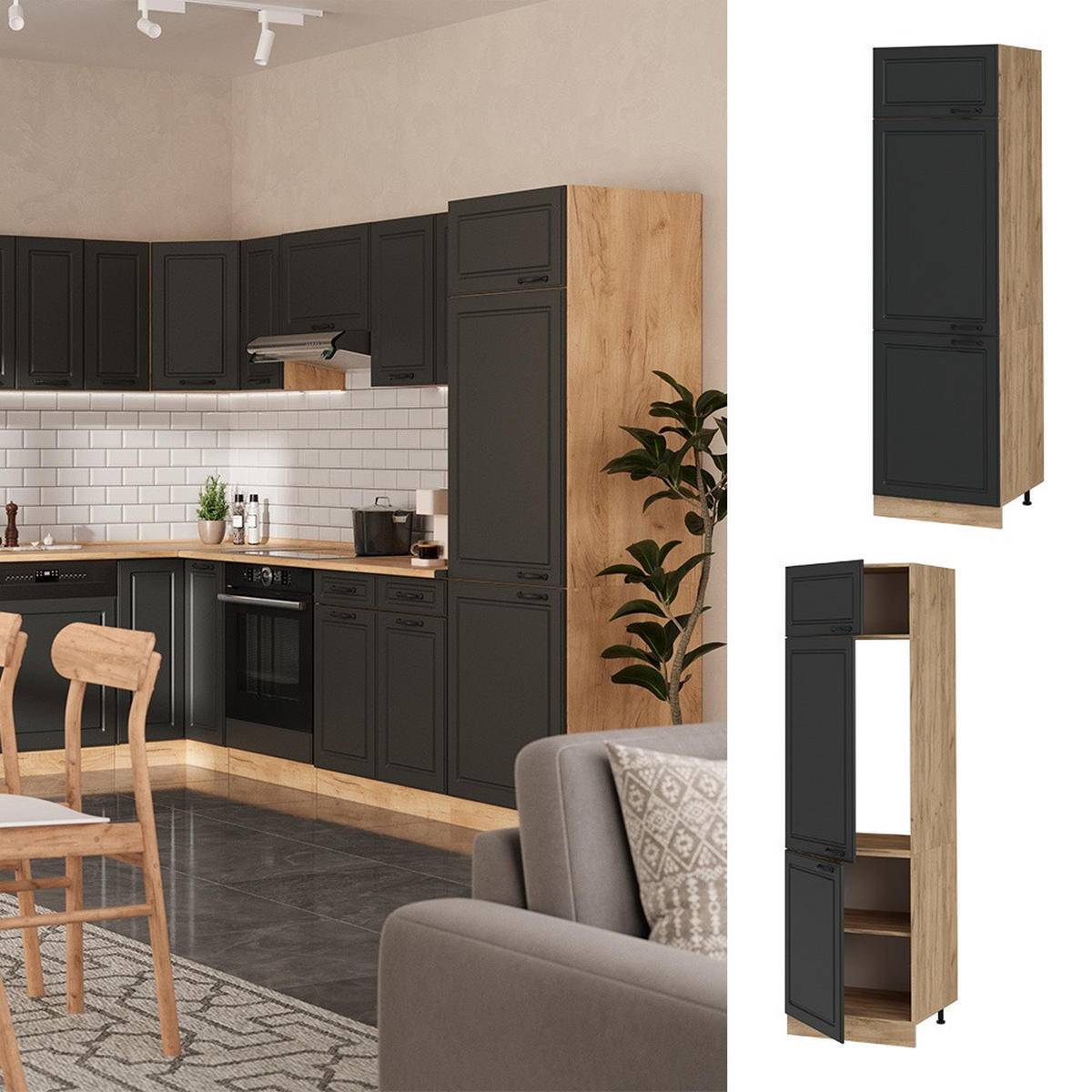 ORMARIĆ ZA HLADNJAK R-Line Antracit u rustikalnom stilu 60 cm - hrast medunac/antracit, drvni materijal (60/206.8/57.2cm) - Vicco