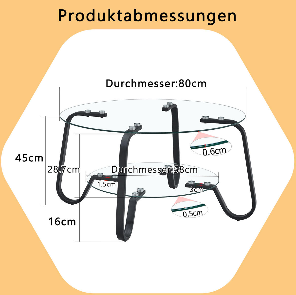 COUCHTISCH aus Metall in Transparent Ø80x45 cm mit 2 Ebenen - Transparent, Metall (80/80/45cm) - Modfu