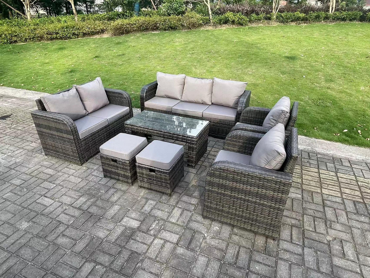 GARTENMÖBELSET mit Couchtisch Polyrattan 9-Sitzer - Dunkelgrau/Grau, Glas/Kunststoff - Fimous