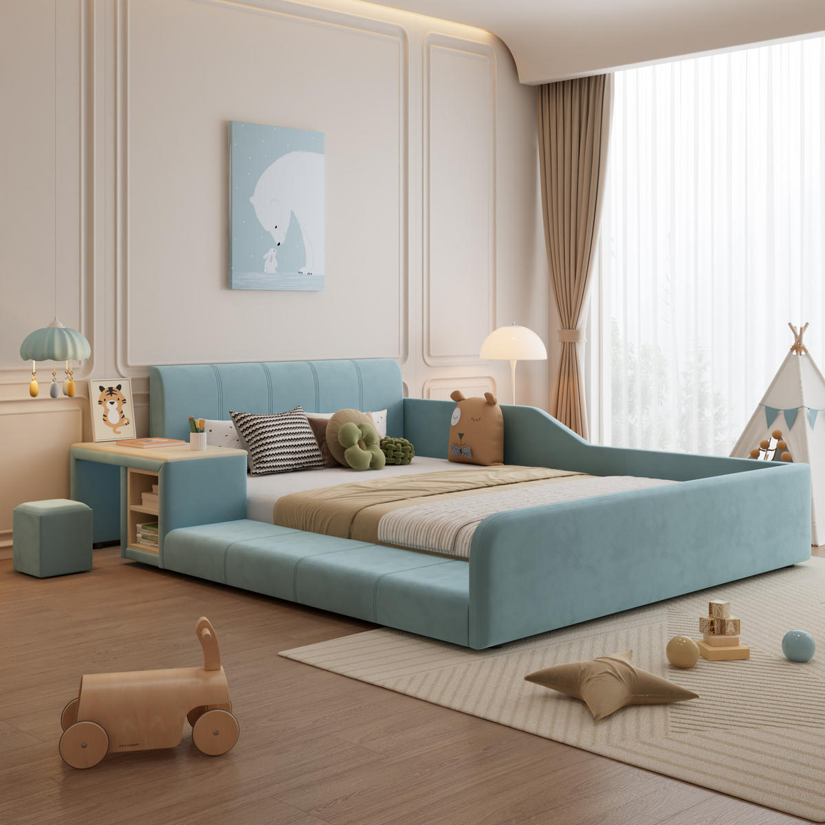 POLSTERBETT 140/200 cm in Blau & Natur mit Schreibtisch, Hocker und Ablageboden Samt - Blau, Holzwerkstoff/Textil (140/200cm) - CHICFURN