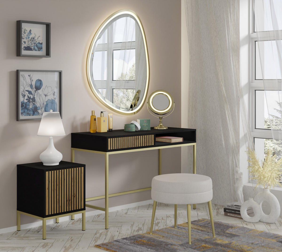 SCHMINKTISCH Schwarz, Artisan-Schwarz, Gold 112/78/50 - Schwarz, Holzwerkstoff (112/78/50cm) - RAUMHIRSCH FURNITURE