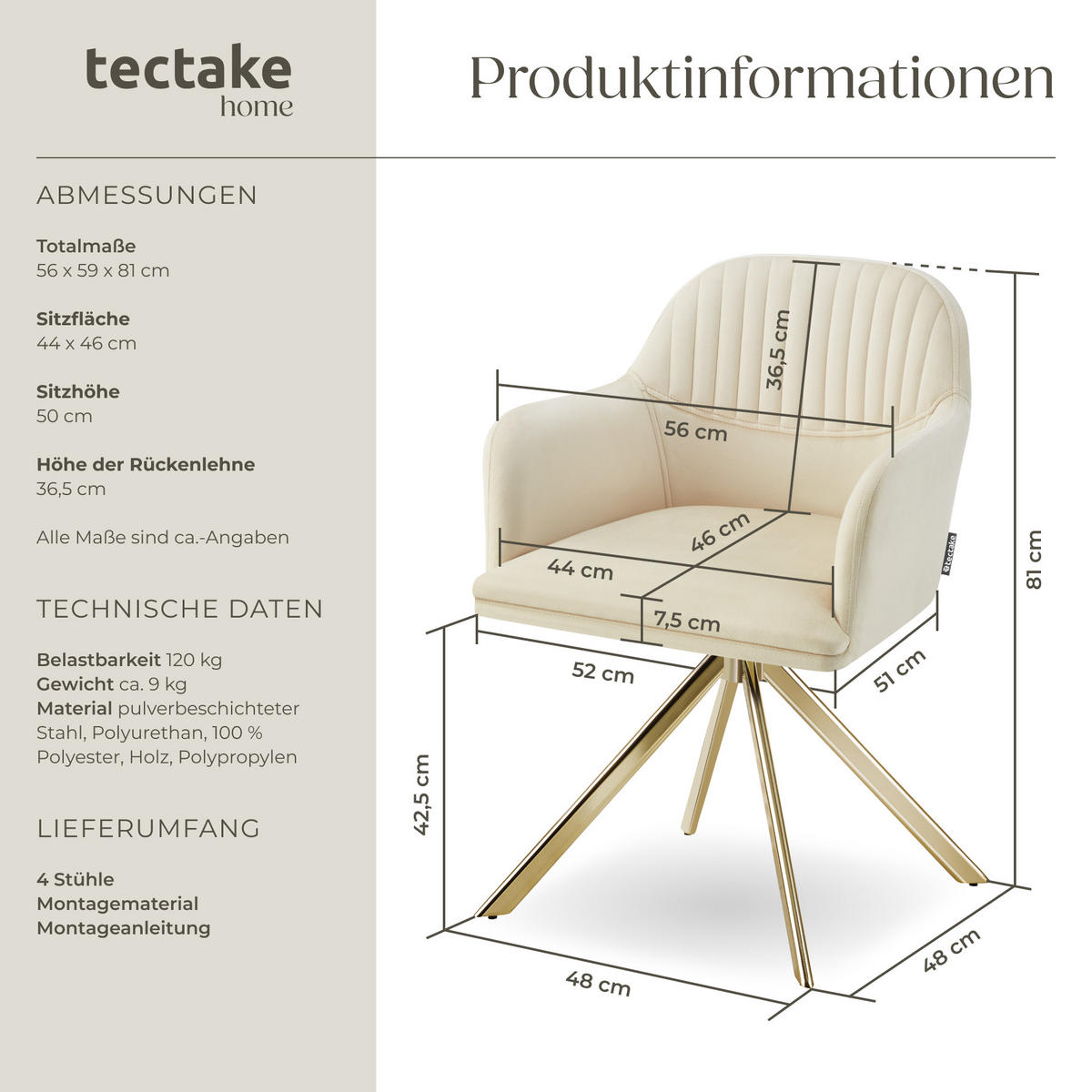 DREHSTUHL 4er Set Lona 56 x 59 x 81 cm créme/gold - Goldfarben/Creme, Textil (56/81/59cm) - tectake