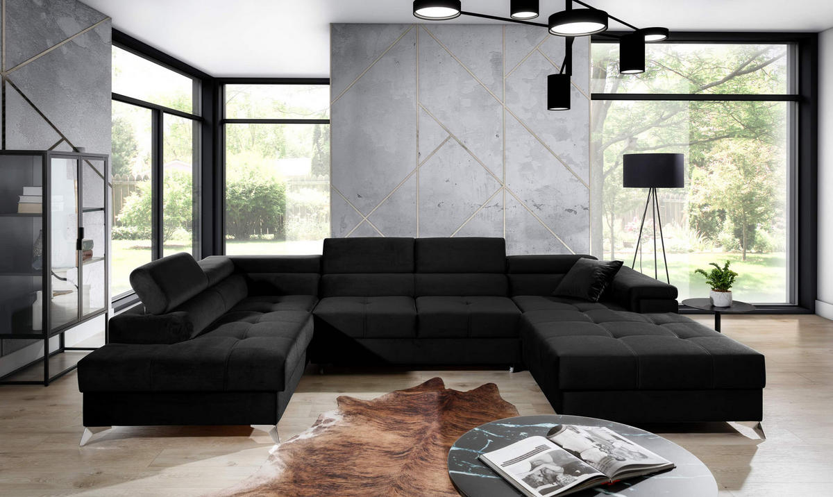 WOHNLANDSCHAFT mit Schlaffunktion und Bettkasten, Kronos-Stoff - Chromfarben/Schwarz, Textil/Metall (345/90/202cm) - Eltap