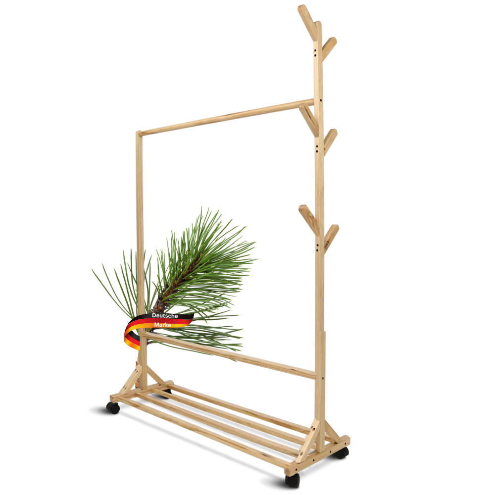 GARDEROBE mit Rollen SEMU Massivholz 6 Haken - Braun, Holz (100/155/35cm) - DELUKE