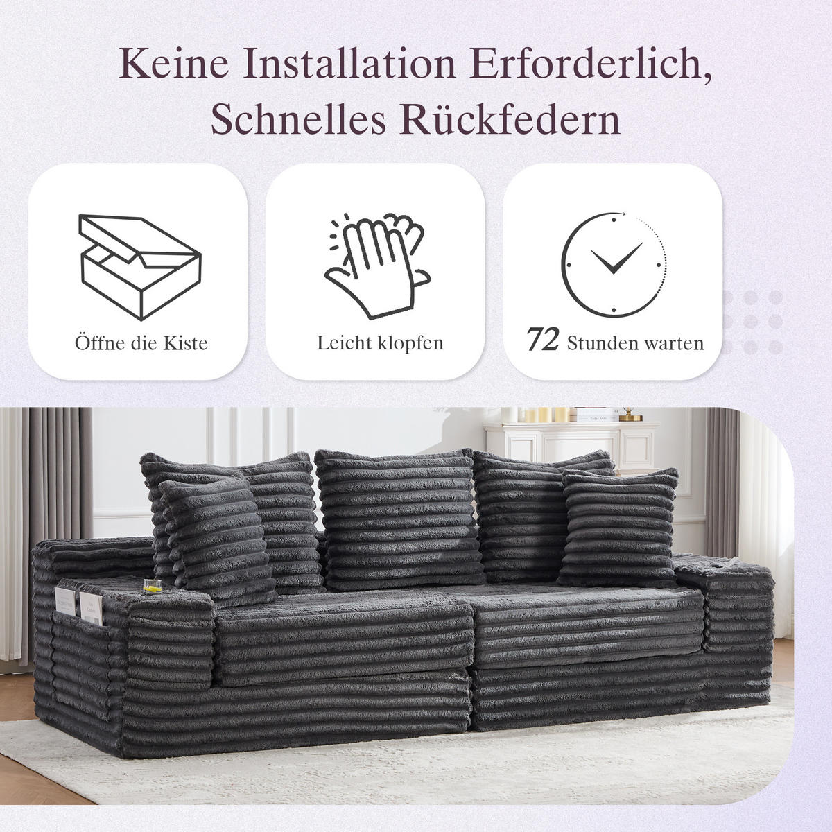 SCHLAFSOFA aus Cord mit Getränkehaltern und Kissen, Dunkelgrau - Dunkelgrau, Textil (107.48/34.25/38.58cm)