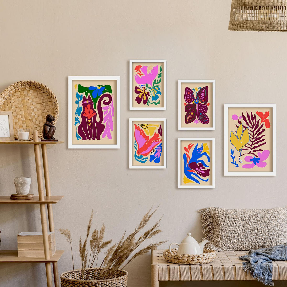 POSTER Set Mit 6 Malerisch 1 In Tiere Abstracts Ästhetische Dekorative Gemälde Für Ihr Wohnzimmer, Schlafzimmer, Zuhause A3 & A4 Weißer Rahmen - Weiß, Papier (29/3cm) - Nacnic