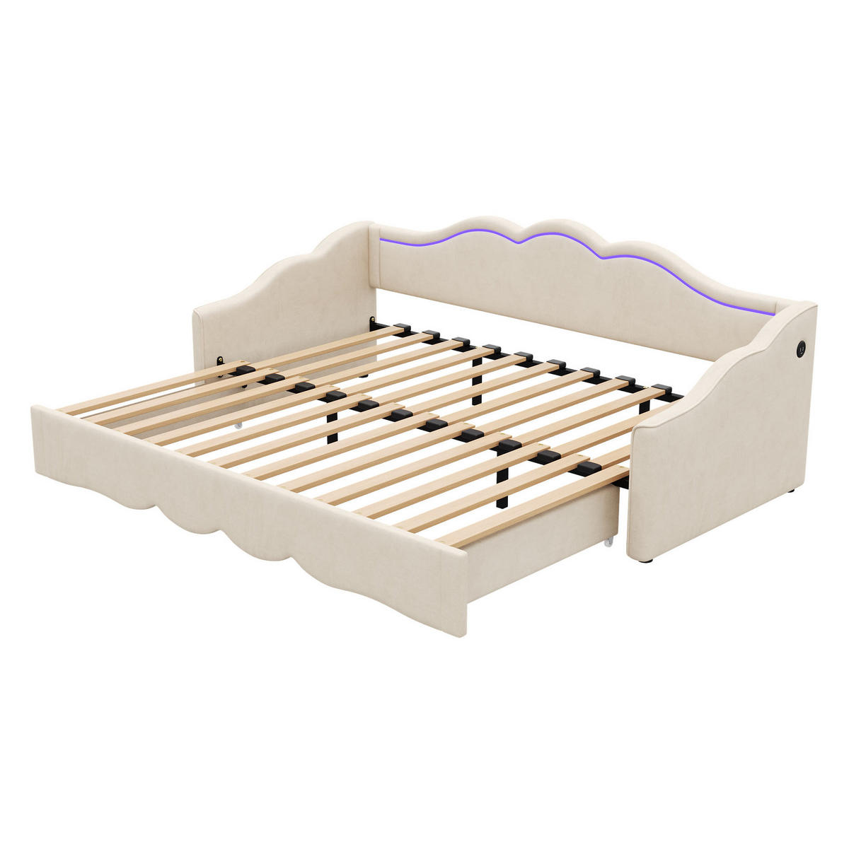 POLSTERBETT 90/200 cm Beige aus Samt mit USB- und TYPE-C-Anschluss - Beige, Textil (90/200cm) - OKMYHOME