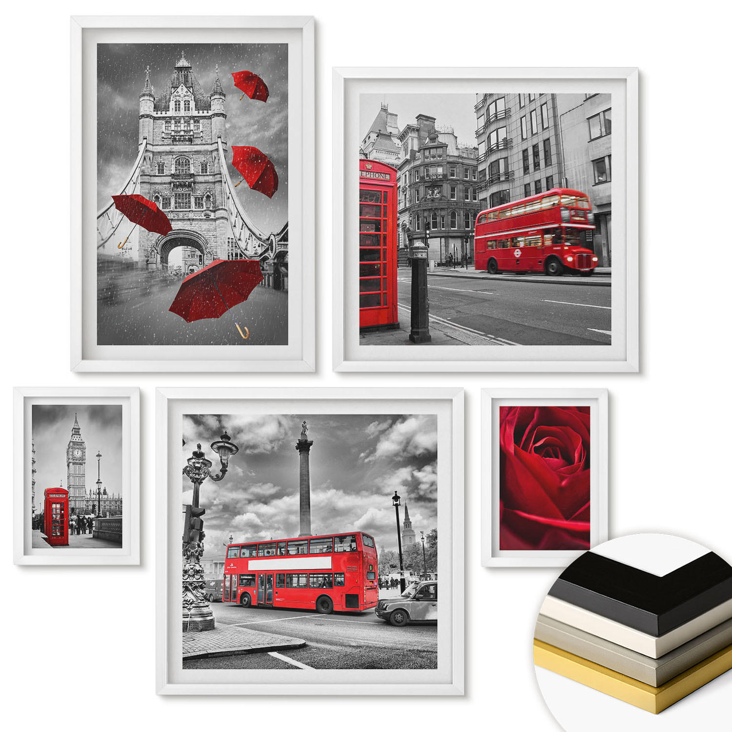 WANDBILDER 5er-Set - 50x50 cm & 20x30 cm & 40x60 cm Weißer Rahmen - Ginkgoblätter, heller Hintergrund - Weiß, Kunststoff (40/60cm) - ArtPrintCave