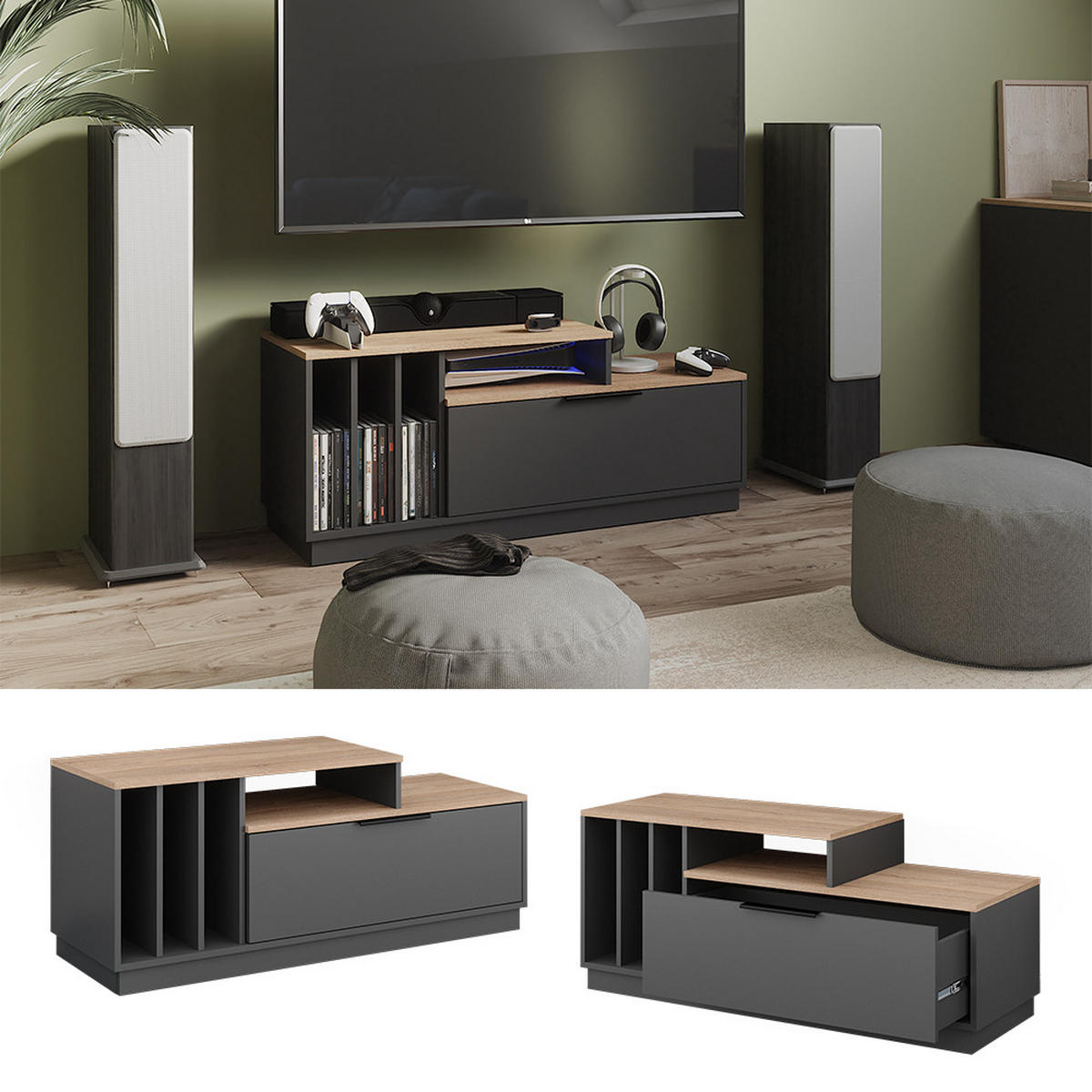 LOWBOARD Betti Anthrazit/Sonoma 120 x 49.9 cm mit 1 Tür - Anthrazit/Sonoma Eiche, Holzwerkstoff (120/49.9/40cm) - Vicco