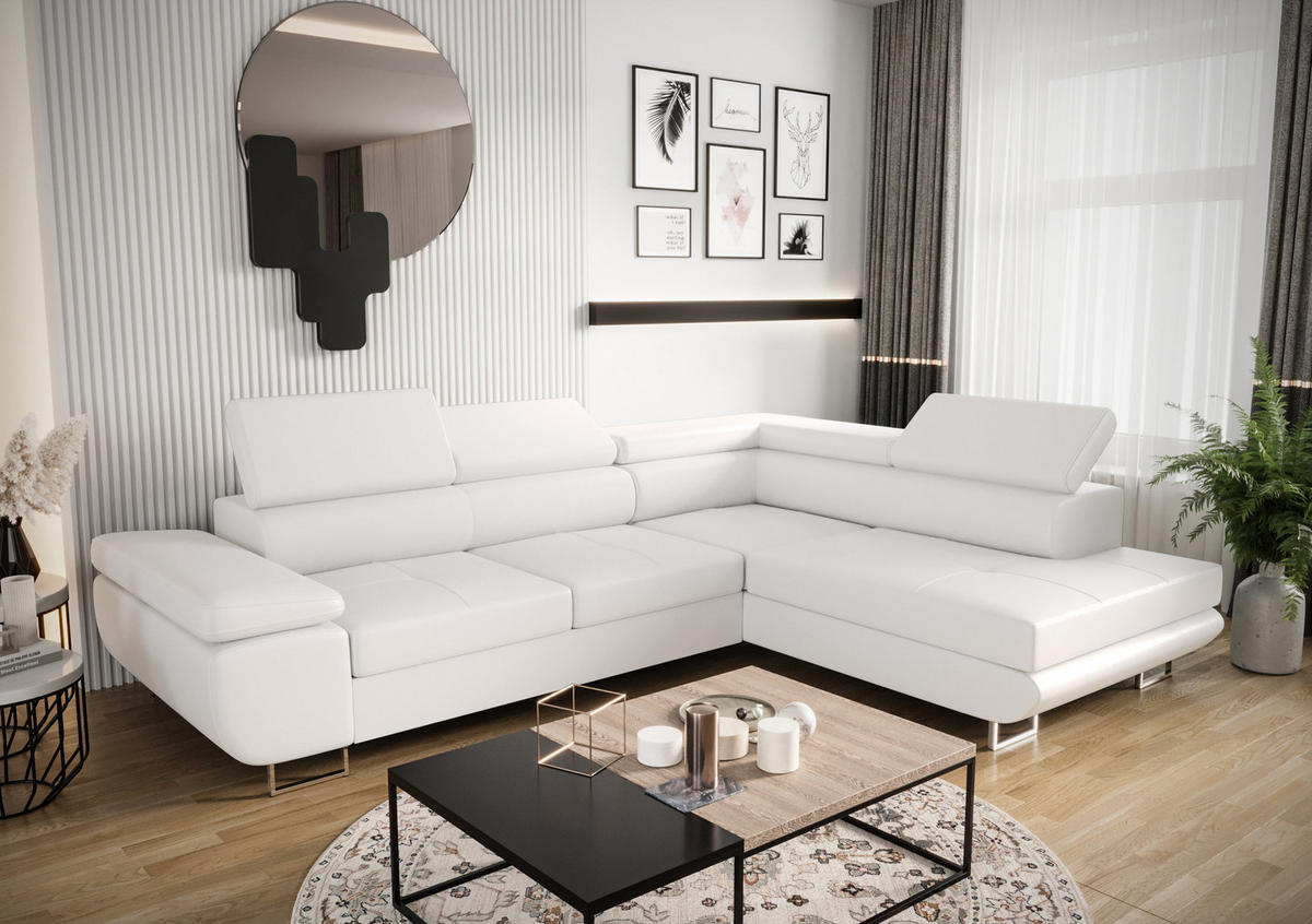 ECKSOFA PRAGA DESIGN L, Eckcouch in L-Form mit Schlaffunktion, Farbe: Weiß, Kunstleder, Ottomane Universal - Weiß, Textil (275/202cm) - O-Sofa