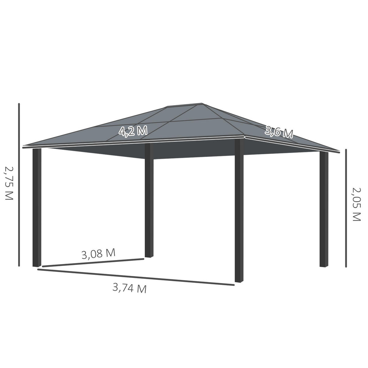 OUTSUNNY Luxus Alu Pavillon Gartenzelt mit lichtdurchlässig Dach Schwarz - Schwarz, Kunststoff (360/275/420cm) - Outsunny