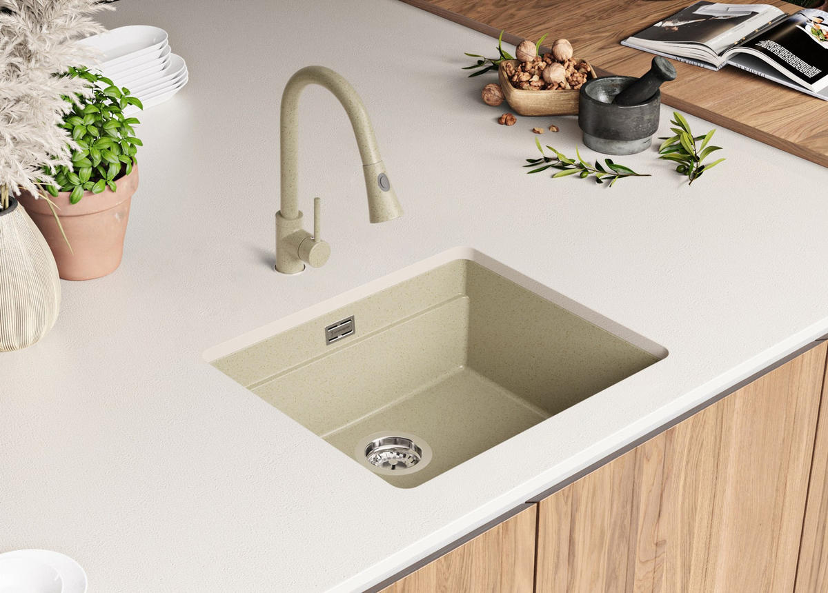 UNTERBAUSPÜLE GRANIT Praga, 2-er set Beige 56/47 cm 1 Becken + Küchenarmatur 38/14 cm + Ablauf-Set + Aufrollbare Abtropffläche ab 60er Unterschrank - Chromfarben/Beige, Kunststoff (56/20/47cm) - Primagran