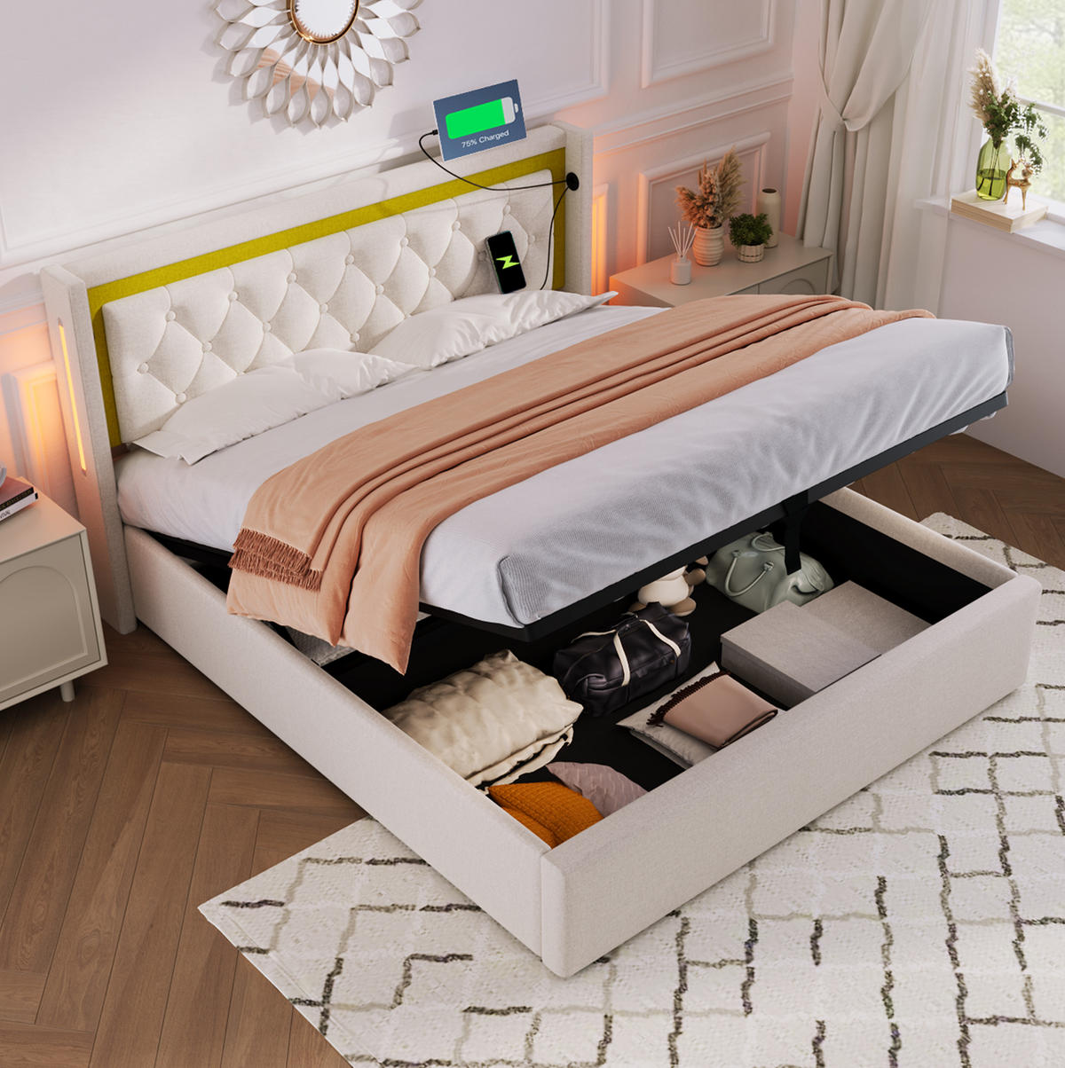 POLSTERBETT 160/200 cm Beige LED mit Stauraum und USB-Anschlüssen - Beige, Textil (160/200cm) - OKWISH