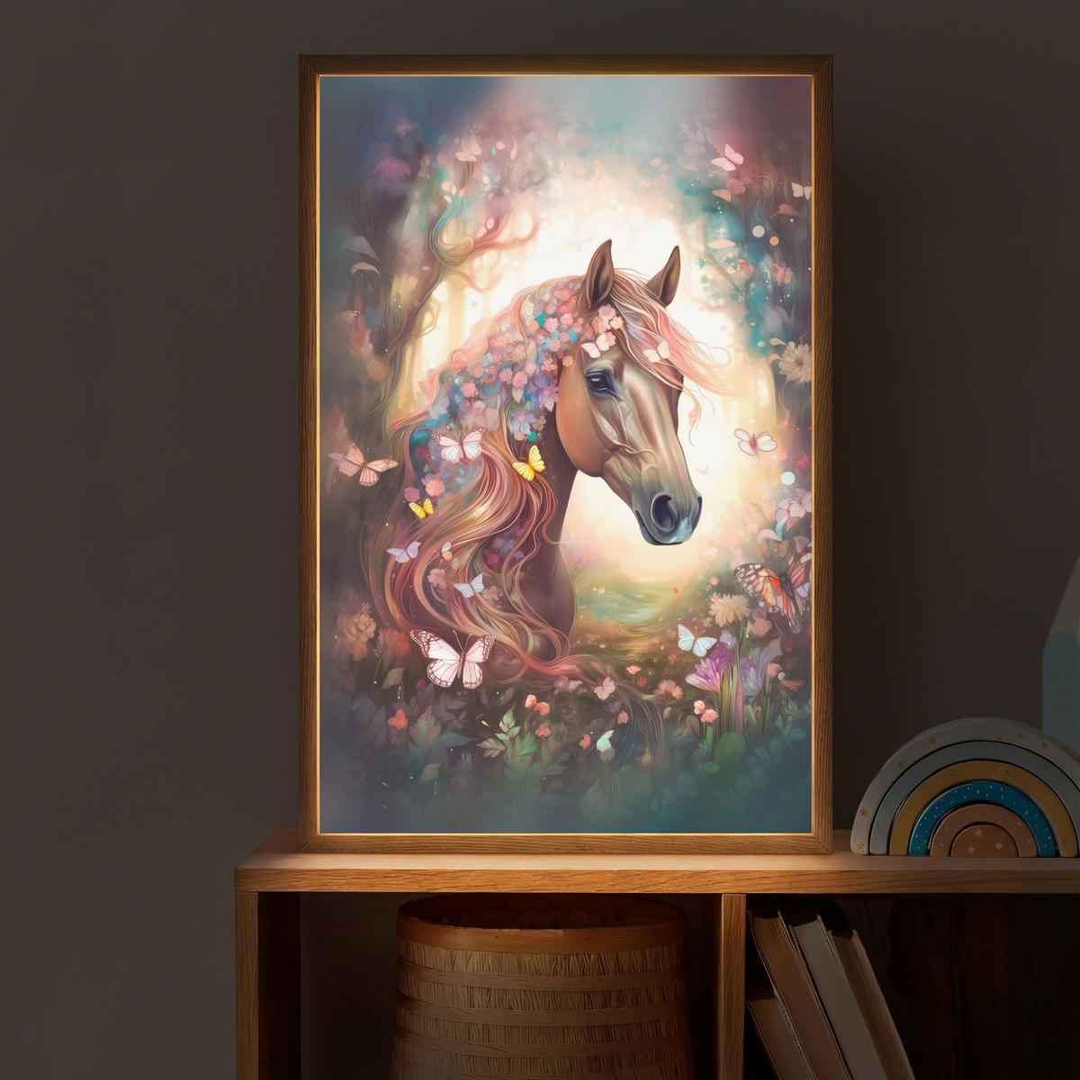 NÁSTĚNNÁ LAMPA S AKUMULÁTOREM Kůň - Příroda - Květiny - Motýli - Les 40x60 cm - tmavě hnědá, kompozitní dřevo (40/60/8cm) - OnlyWow
