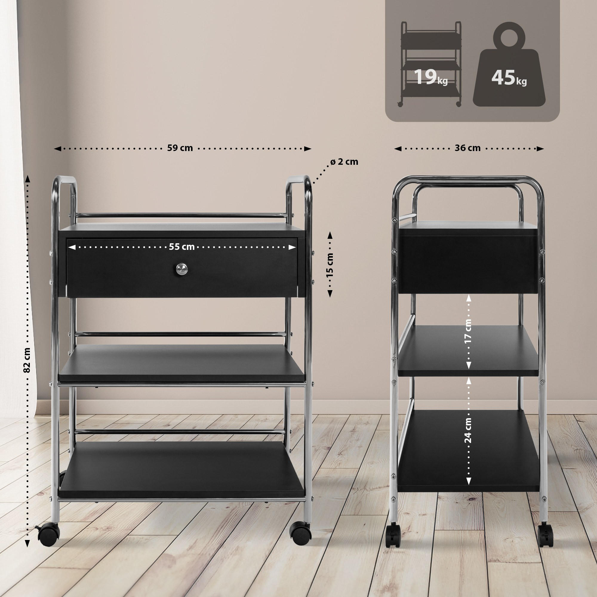 Thumbnail - Deluke Rollwagen, Schwarz, Metall, Rechteckig, 59x82x36 cm, Esszimmer, Servierwagen