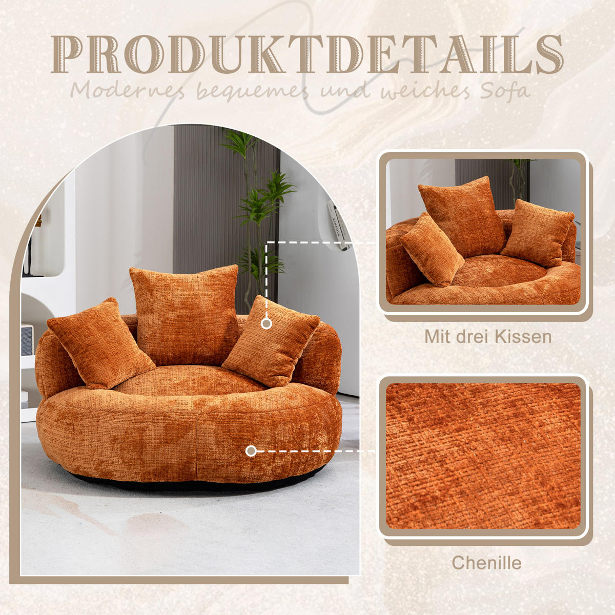 SITZSACK Sessel mit 3 Kissen bequem weich Polstersessel Orange - Orange, Textil (108/52/108cm) - PARAFTA HOME