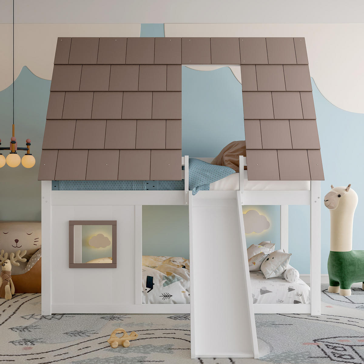 ETAGENBETT 140/200 cm weiß und braun aus Kiefer mit Rutsche und Leiter - Braun, Holzwerkstoff (140/200cm) - OKWISH